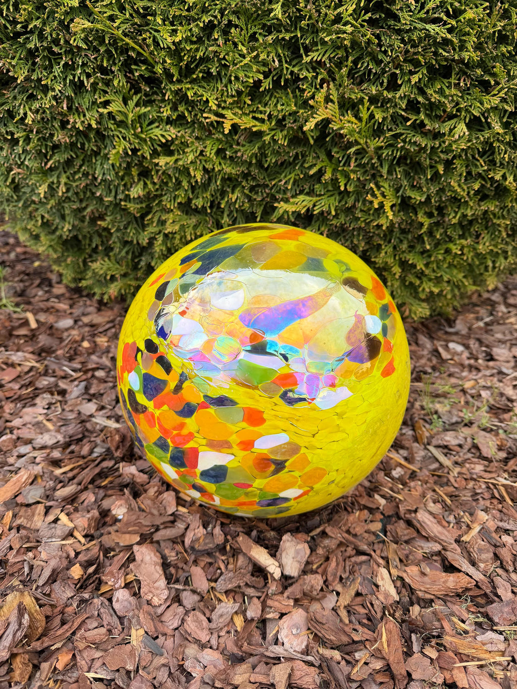 30cm Hand-Blown Glass Garden Sphere – Yellow Multicolor Mosaic Crackle Large Gazing Ball