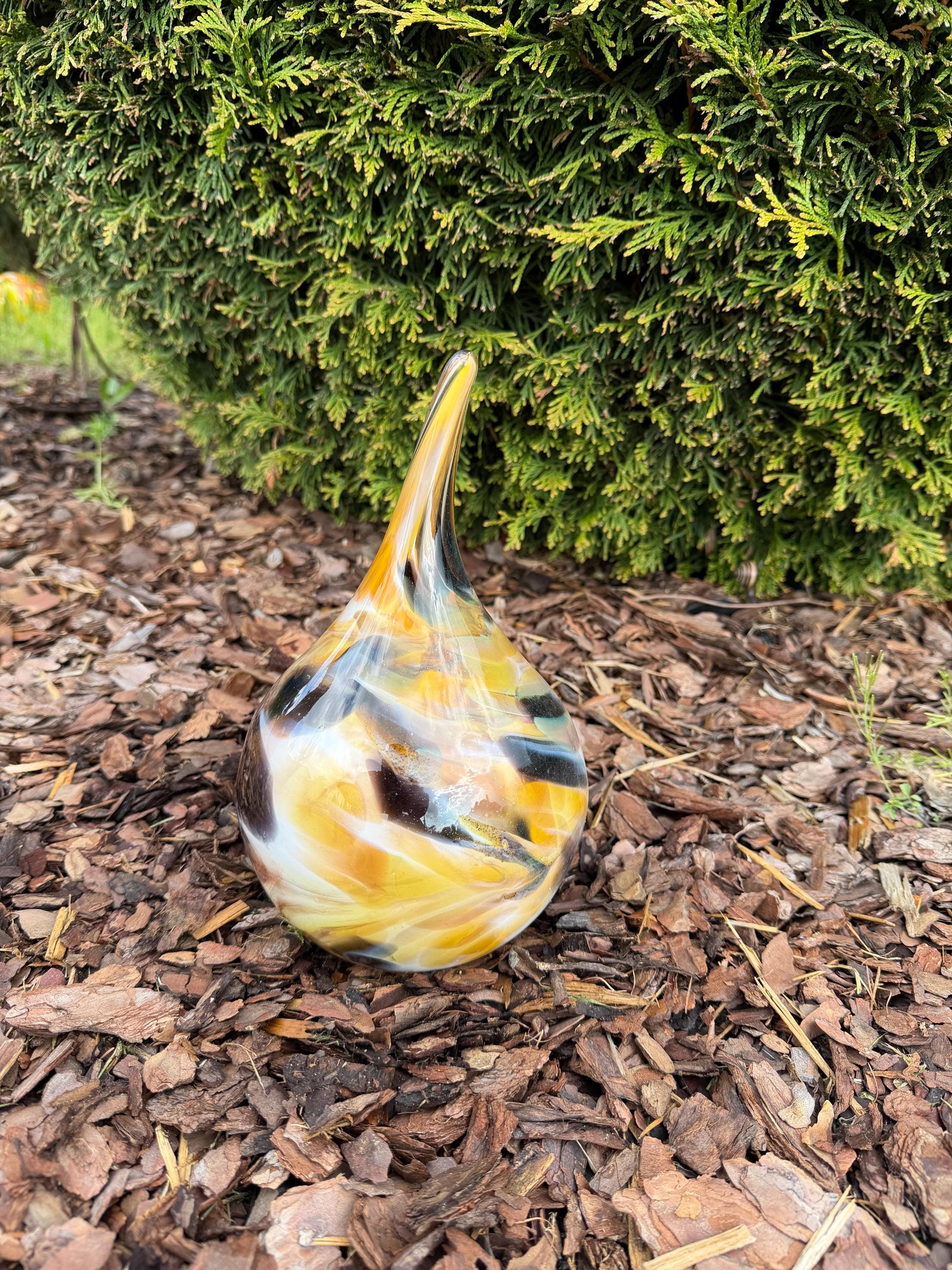 10cm Hand-Blown Glass Teardrop – Yellow Black Orange Swirl Mini Sculpture