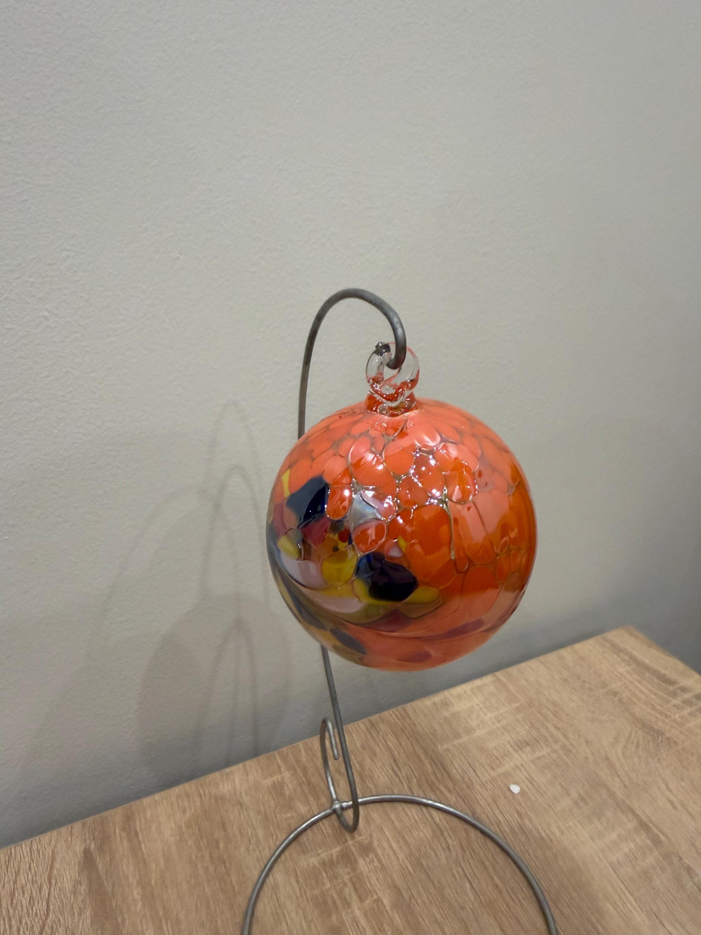 Handcrafted Art Glass Sphere | Orange & Multicolor Hanging Glass Bauble | Window Suncatcher | Home Decor