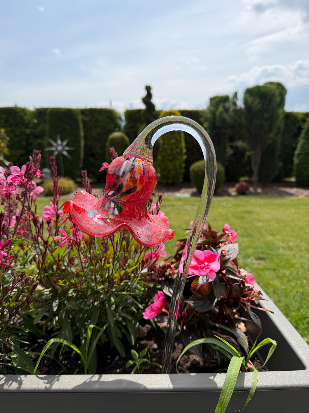 12cm Red Glass Flower Garden Stake - Hand Blown Garden Art - 50cm Decor