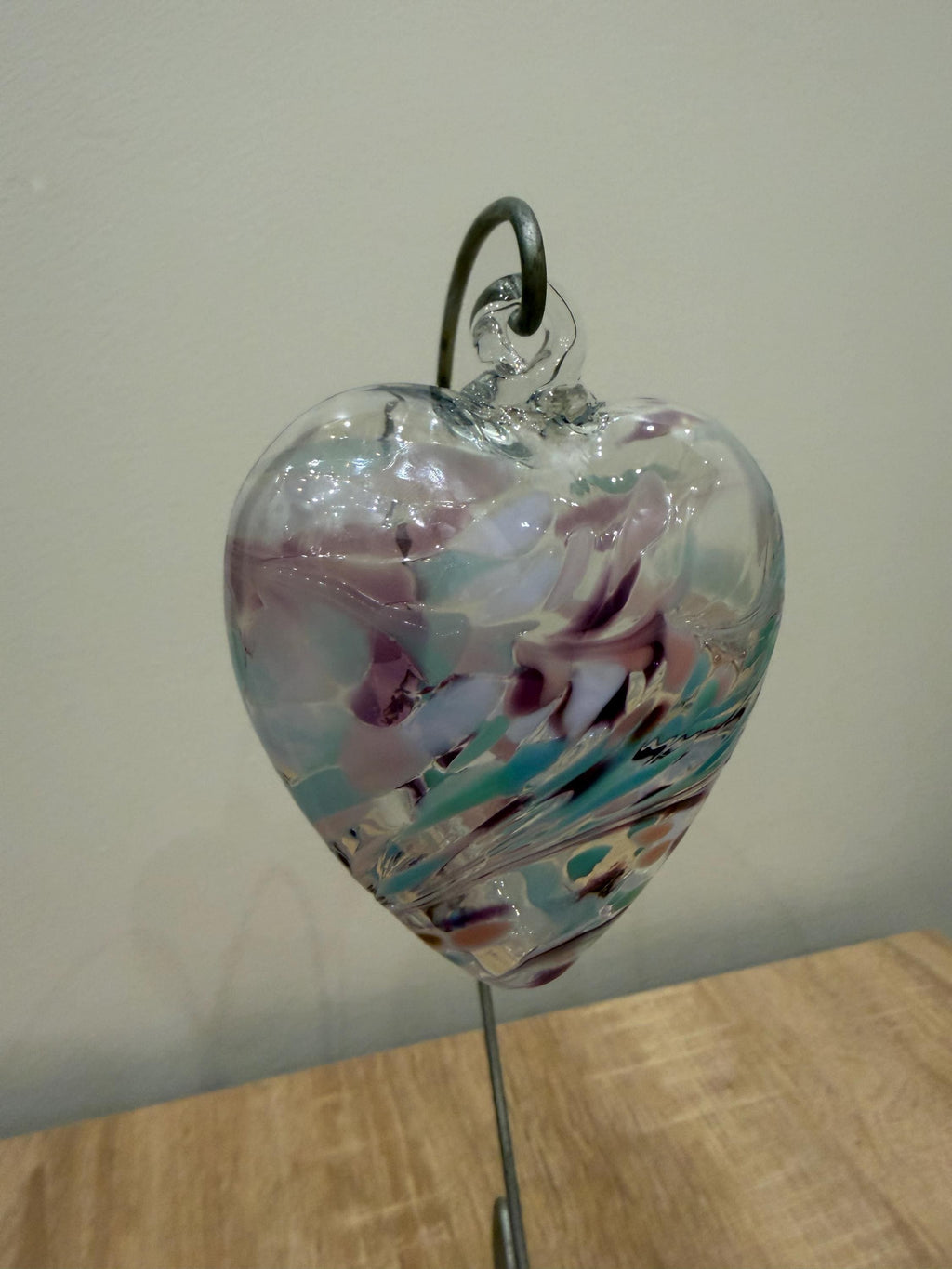 Hand Blown Glass Heart Ornament – Purple Teal Swirls, Garden Decor, 8cm