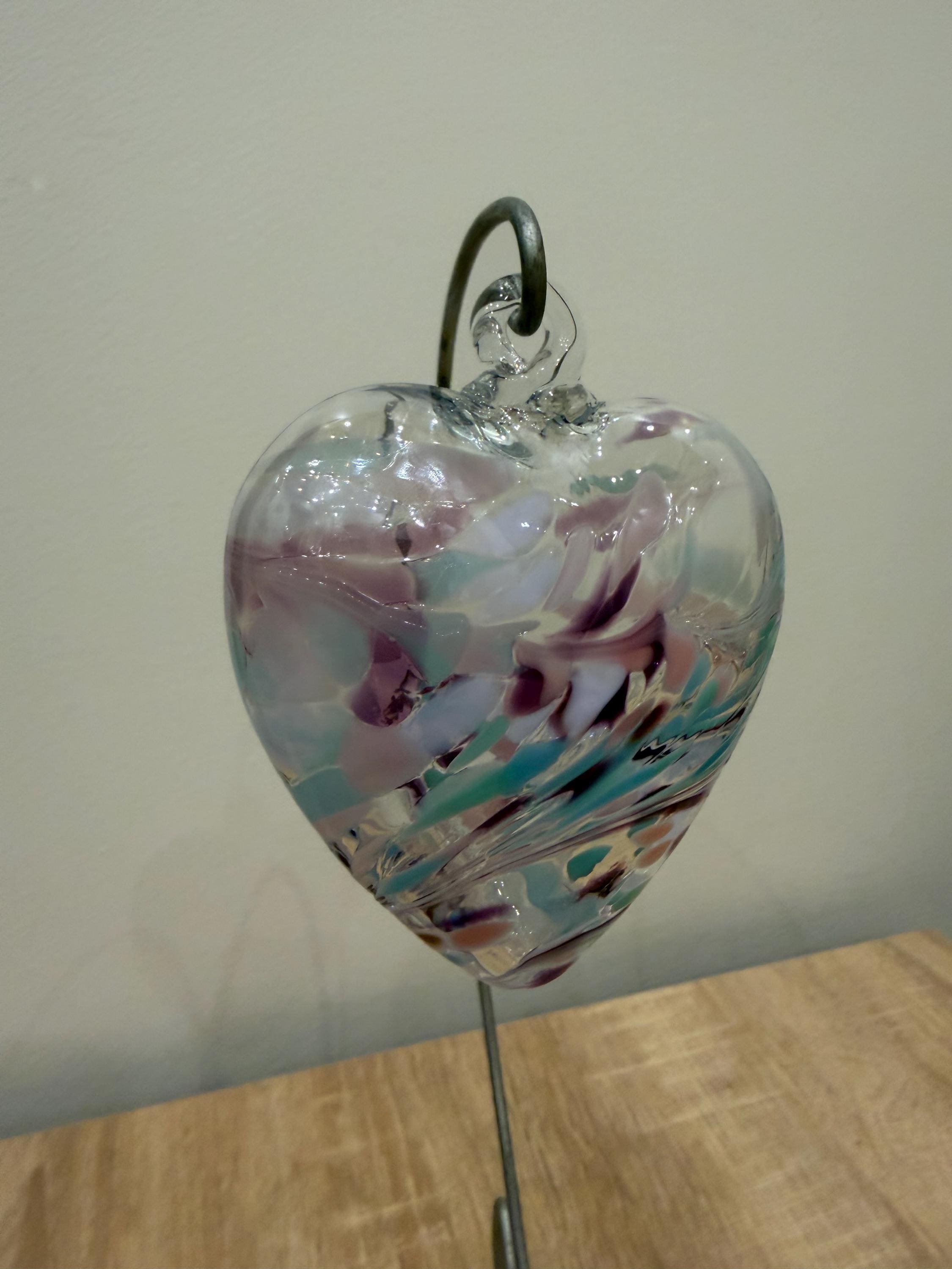 Hand Blown Glass Heart Ornament – Purple Teal Swirls, Garden Decor, 8cm