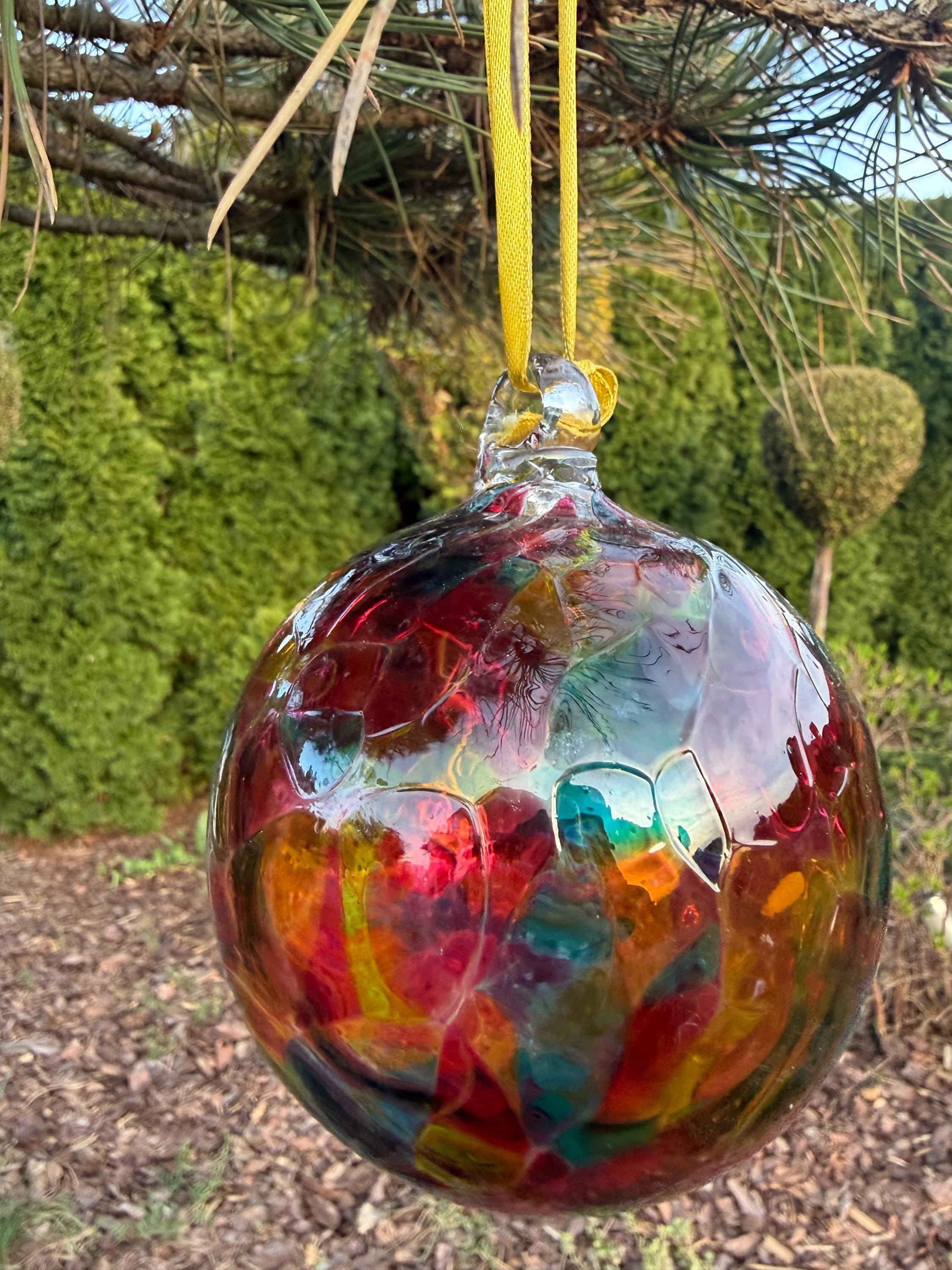 Hand-Blown Glass Ornament 10cm – Multicolor Rainbow Ball – Iridescent Art Glass Suncatcher