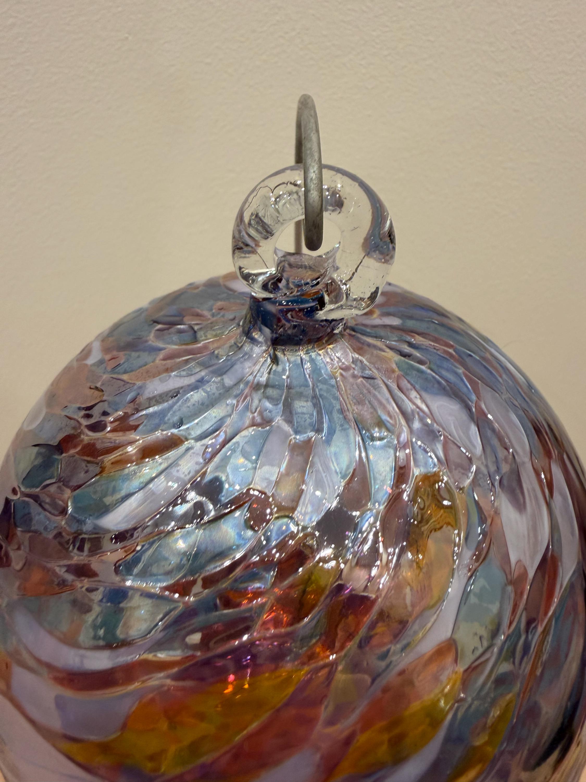 Handcrafted Glass Sphere | Blue Amber Swirls, Wavy Texture Suncatcher | 15cm