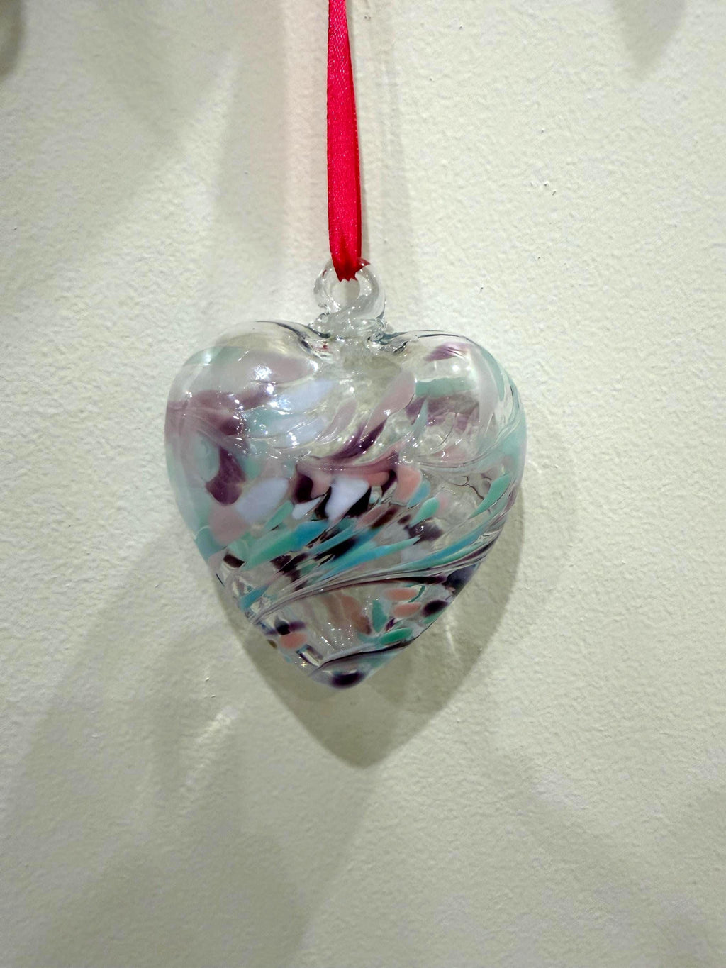 Hand Blown Glass Heart Ornament – Purple Teal Swirls, Garden Decor, 8cm