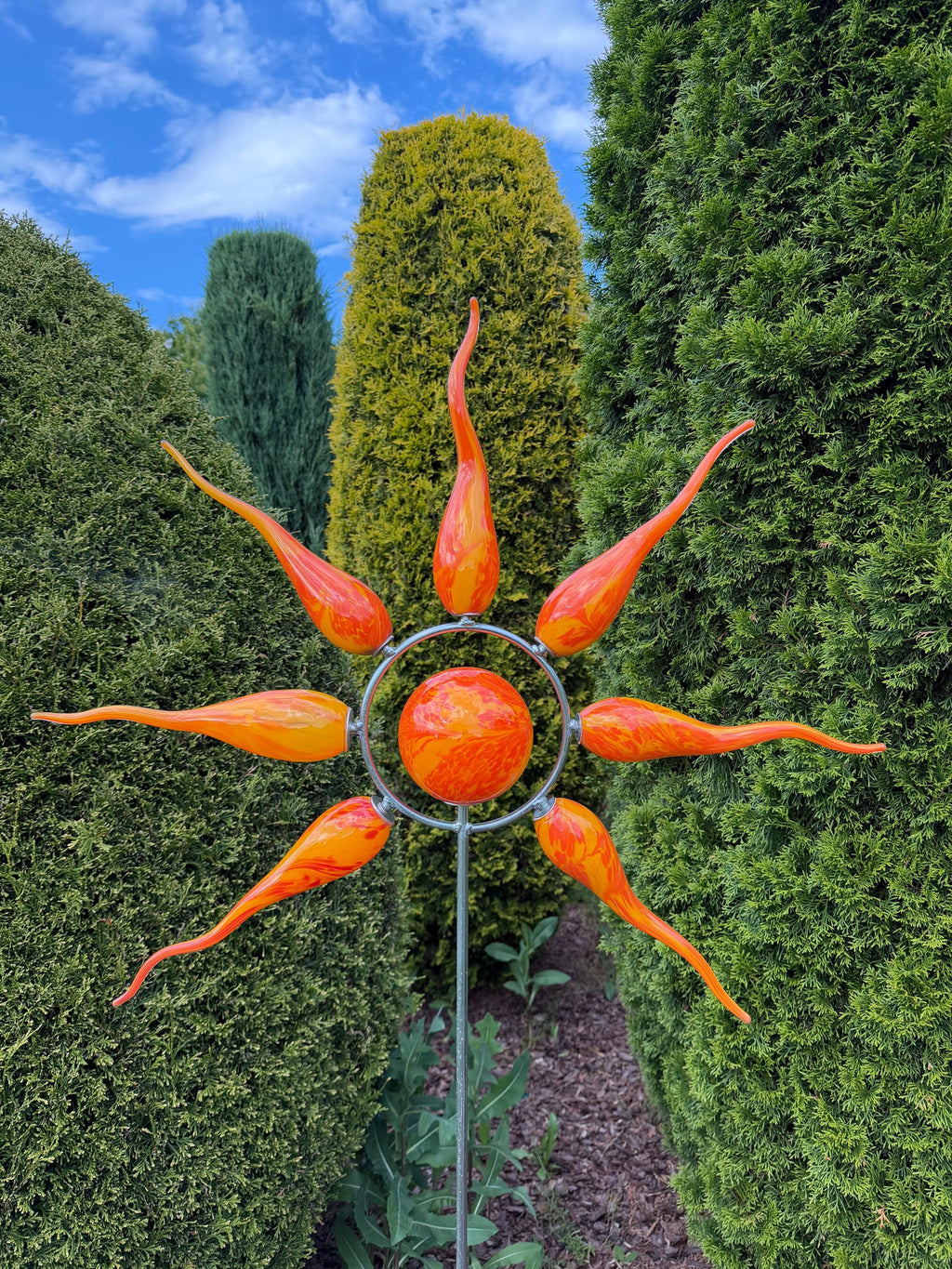 160cm Hand-Blown Glass Sun Garden Stake – Orange Outdoor Yard Art