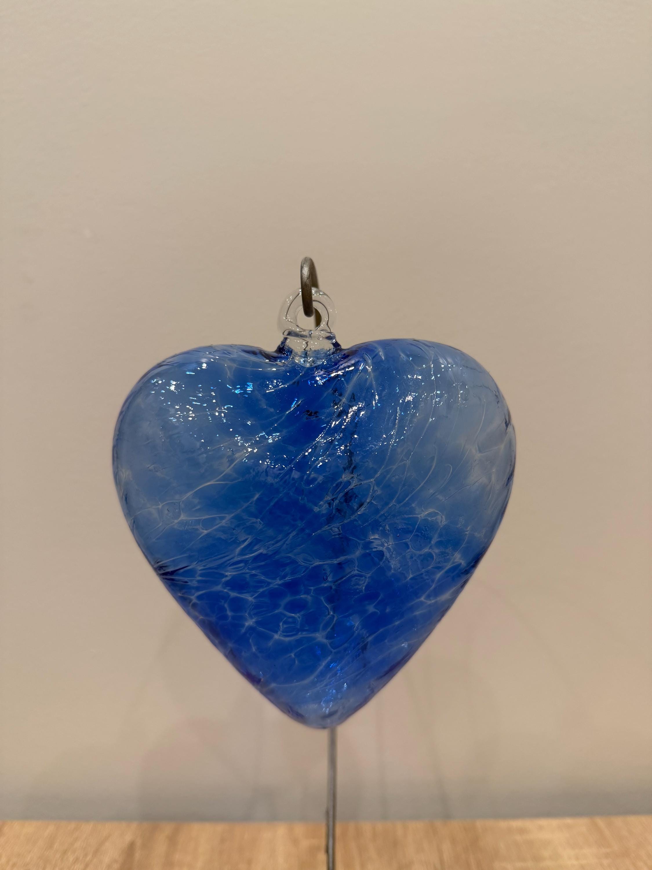 Handblown Glass Heart Ornament - Blue Swirl Hanging Decor - Unique Art Glass Gift
