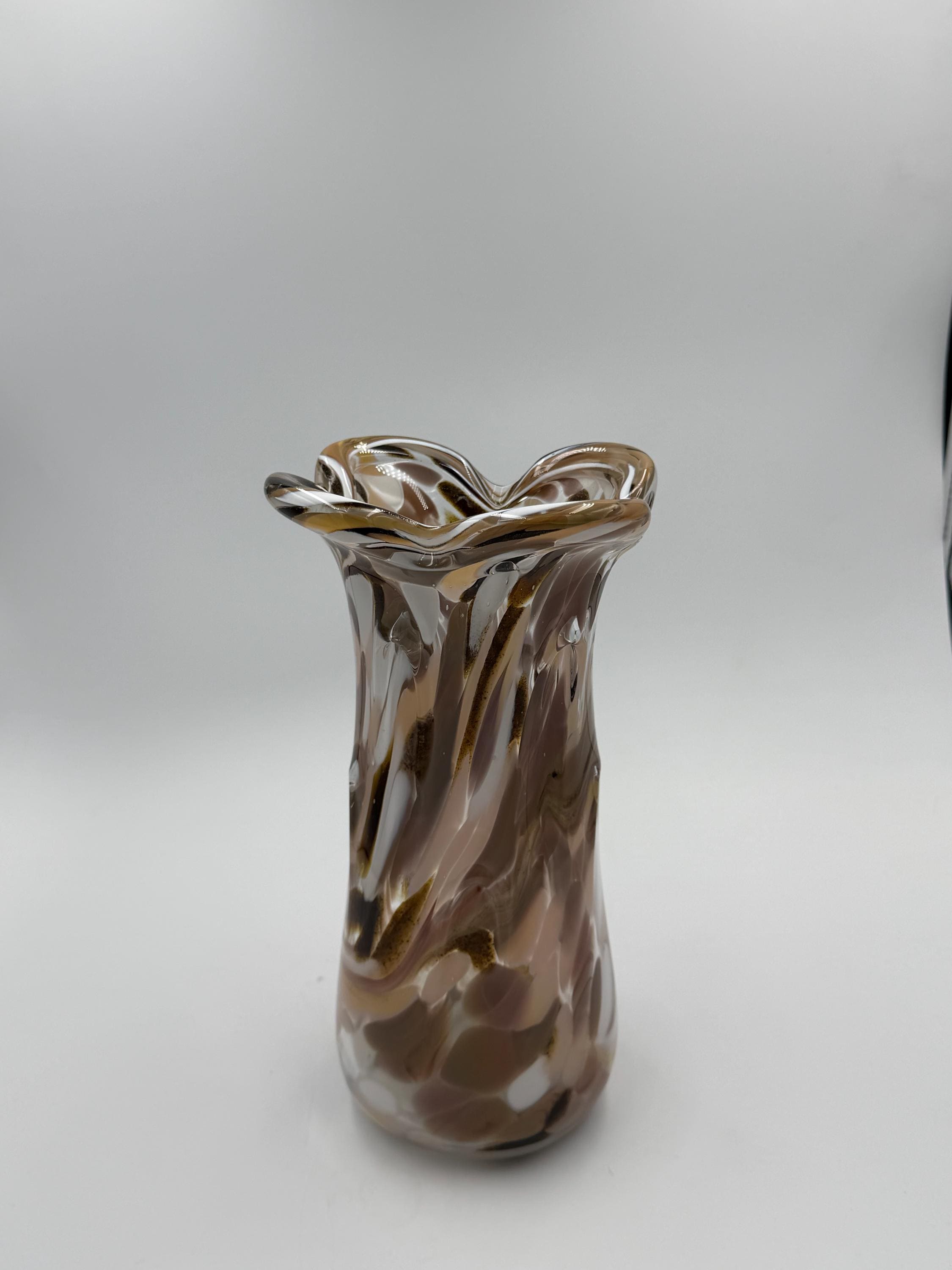 27cm Hand-Blown Art Glass Vase - Elegant Brown Beige Swirl
