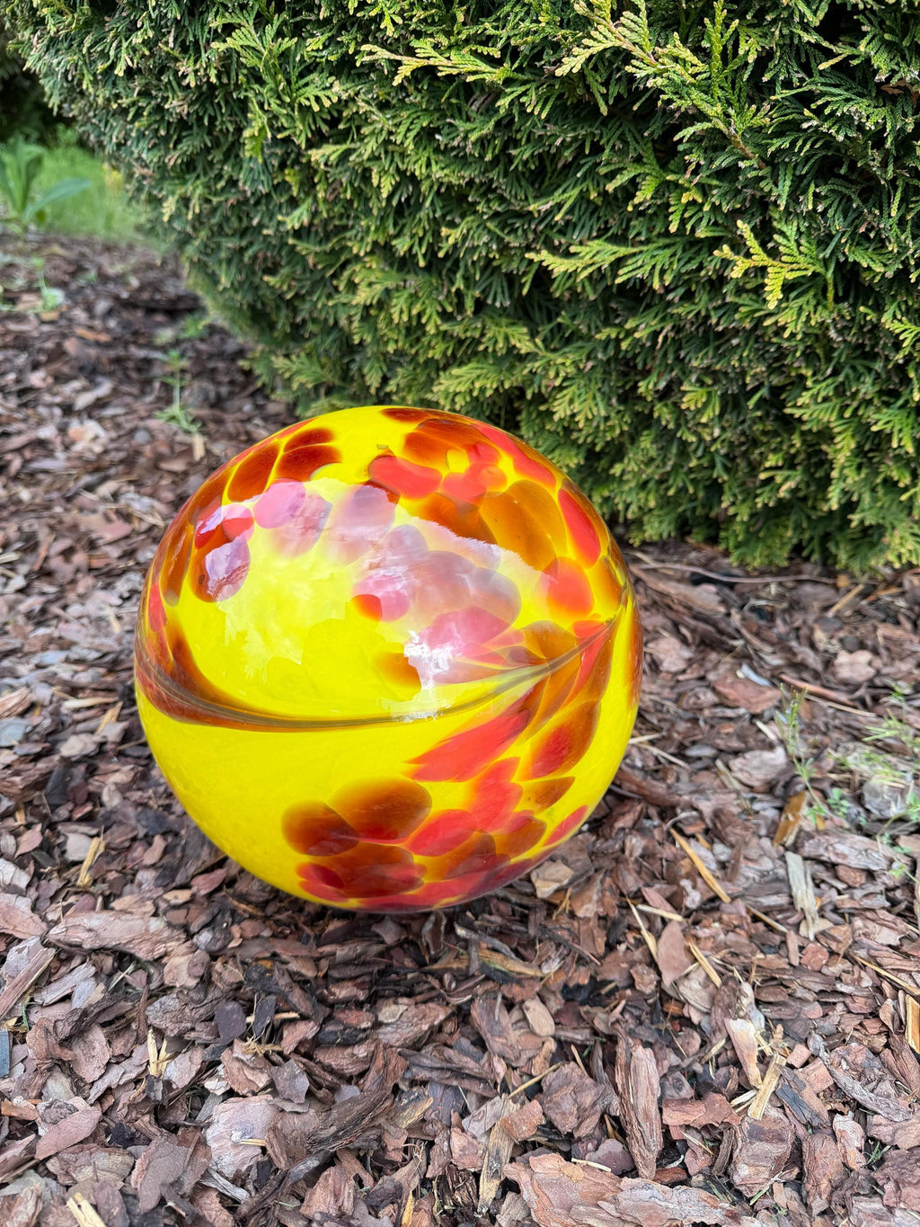 25cm Hand-Blown Glass Garden Sphere – Yellow Red Orange Mosaic Large Gazing Ball