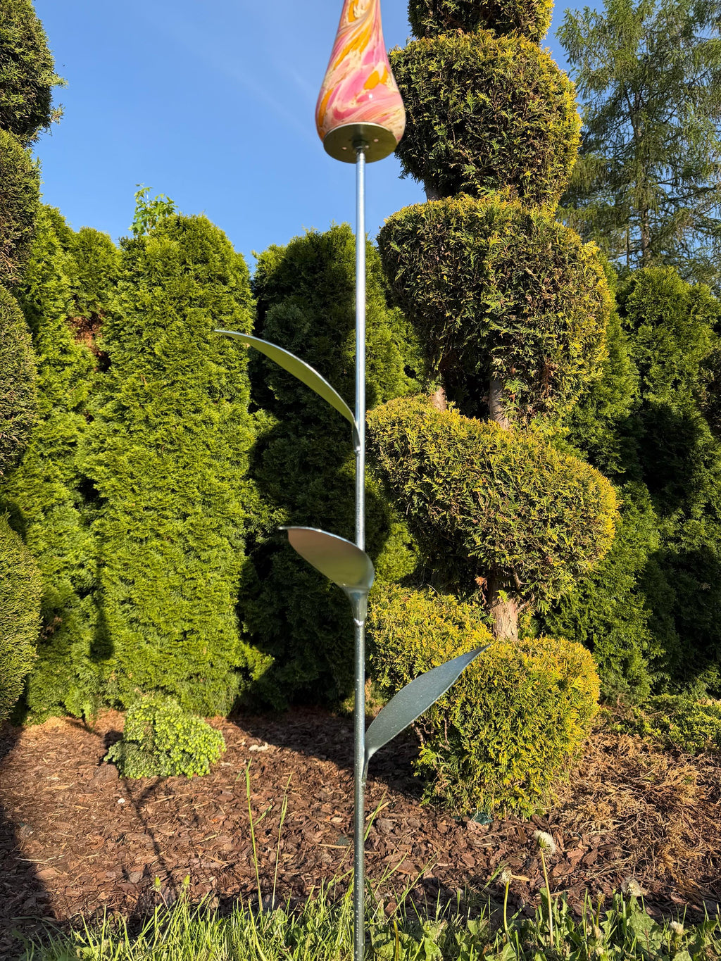 180cm Hand-Blown Glass Flame Sculpture on Metal Stake with Leaves – 50cm Colorful Garden Flame