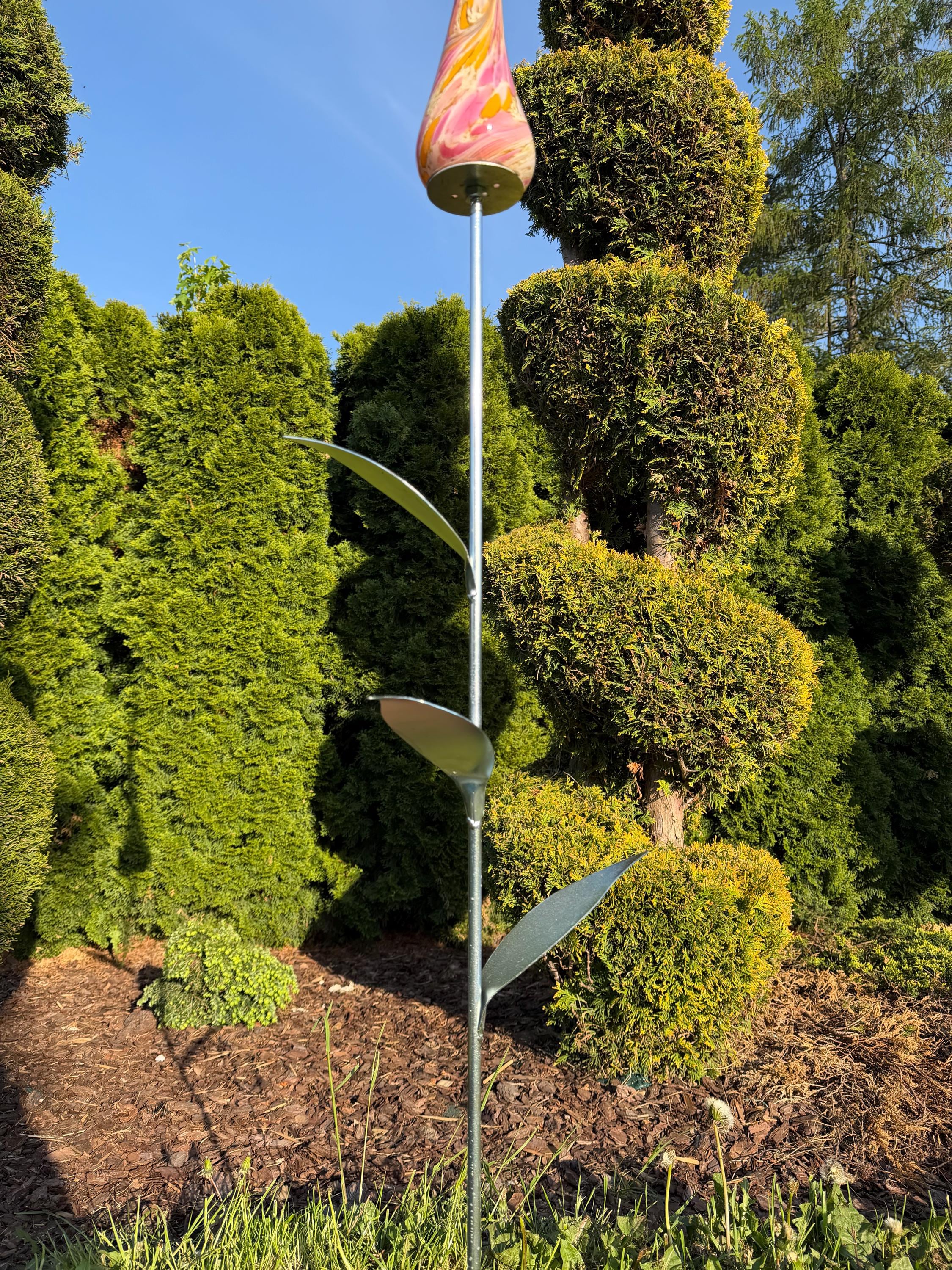 180cm Hand-Blown Glass Flame Sculpture on Metal Stake with Leaves – 50cm Colorful Garden Flame