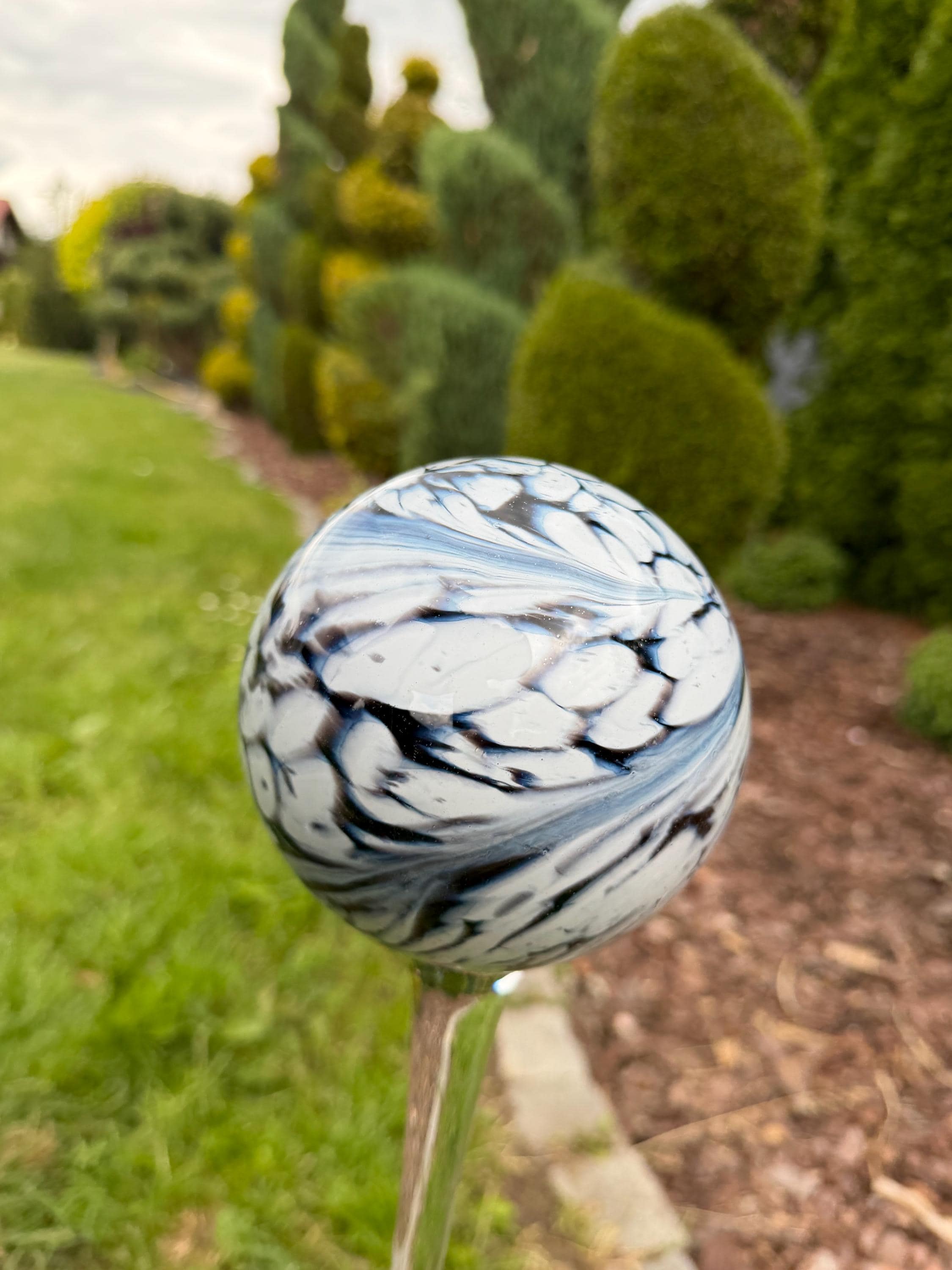 12cm Black White Glass Garden Stake - Hand Blown Garden Globe - 70cm Outdoor Decor