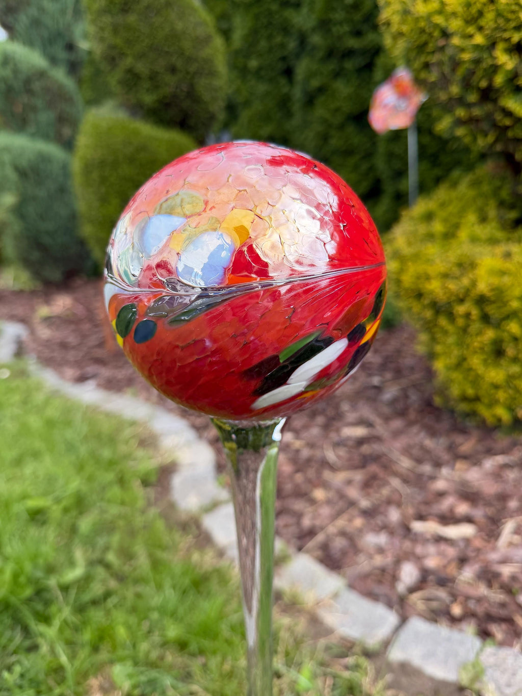 12cm Red Glass Garden Stake - Hand Blown Garden Globe - 70cm Outdoor Decor