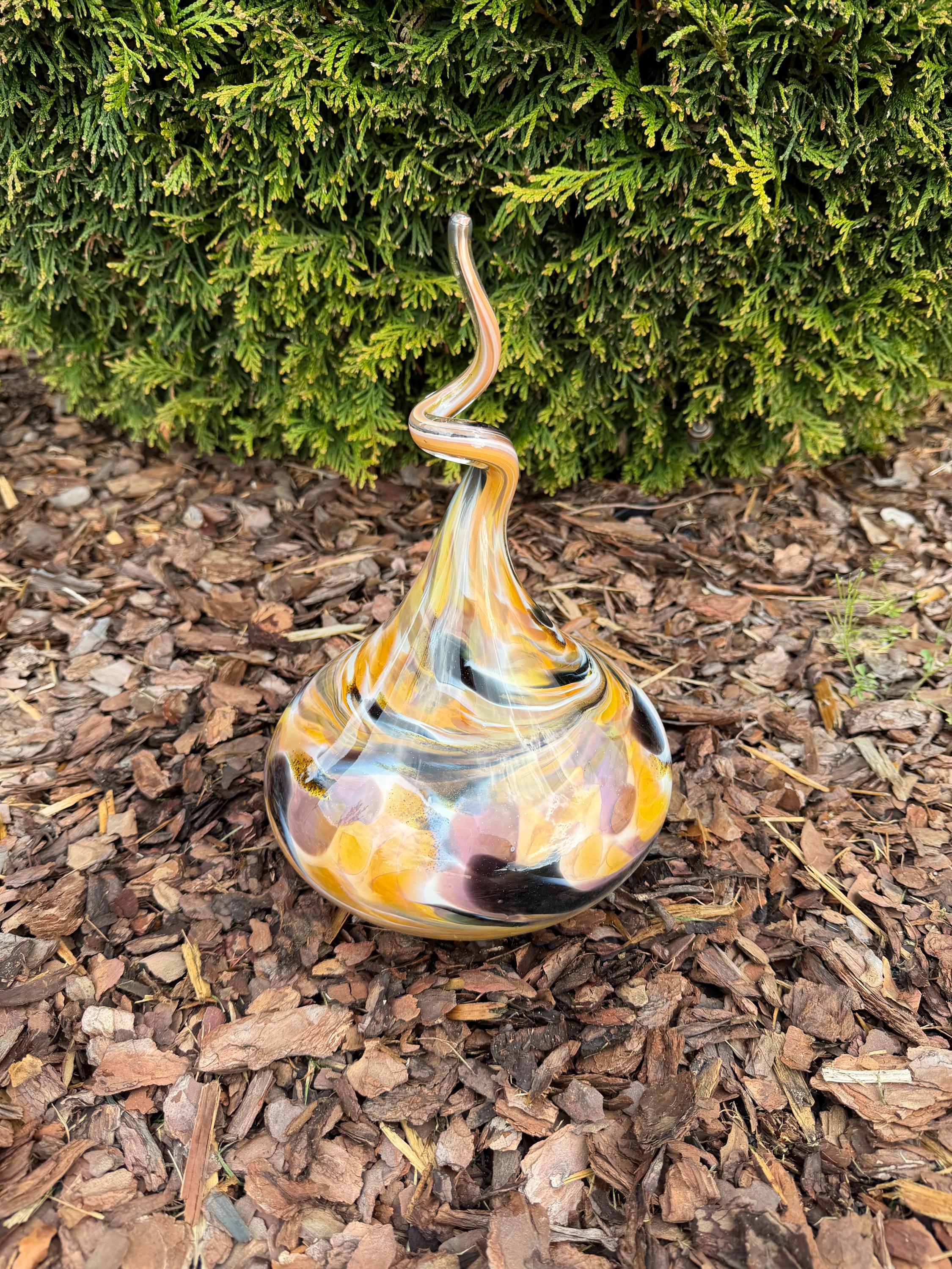30cm Hand-Blown Glass Teardrop – Multicolor Yellow Purple Black Swirl Garden Sculpture