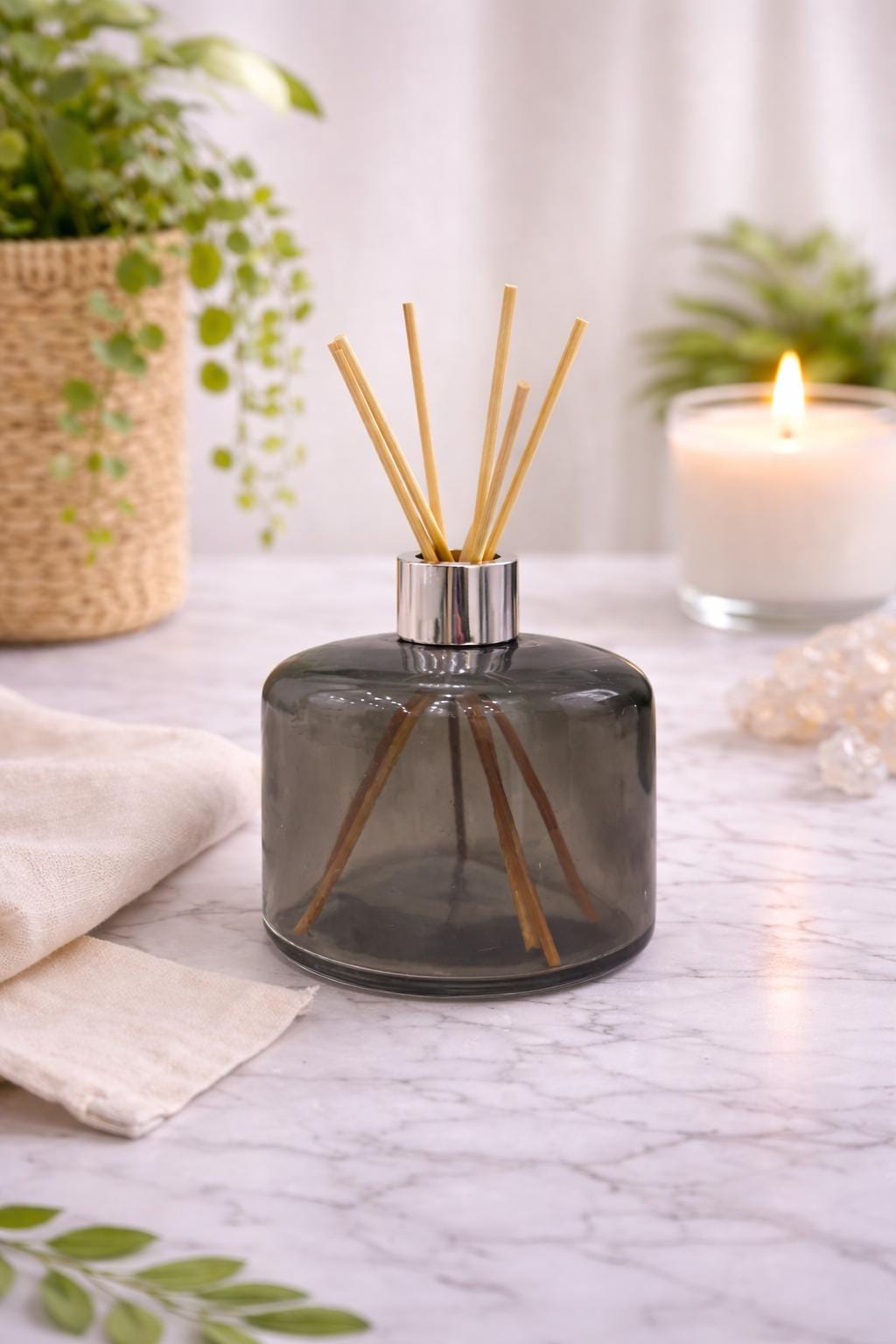 Handblown Art Glass Reed Diffuser Bottle – Smoke Gray Minimalist, Silver Collar
