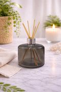 Handblown Art Glass Reed Diffuser Bottle – Smoke Gray Minimalist, Silver Collar