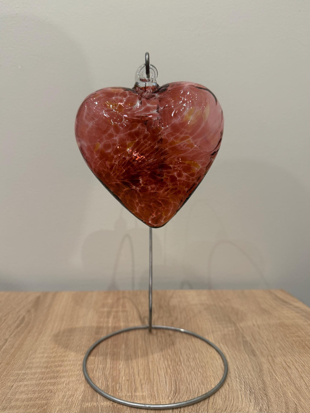 Handblown Glass Heart Ornament - Cranberry Red & Gold Swirl - Unique Art Glass Gift