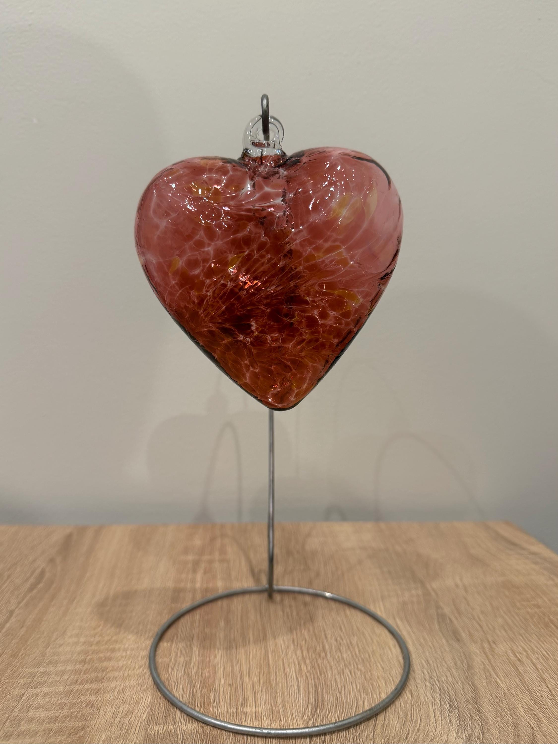 Handblown Glass Heart Ornament - Cranberry Red & Gold Swirl - Unique Art Glass Gift