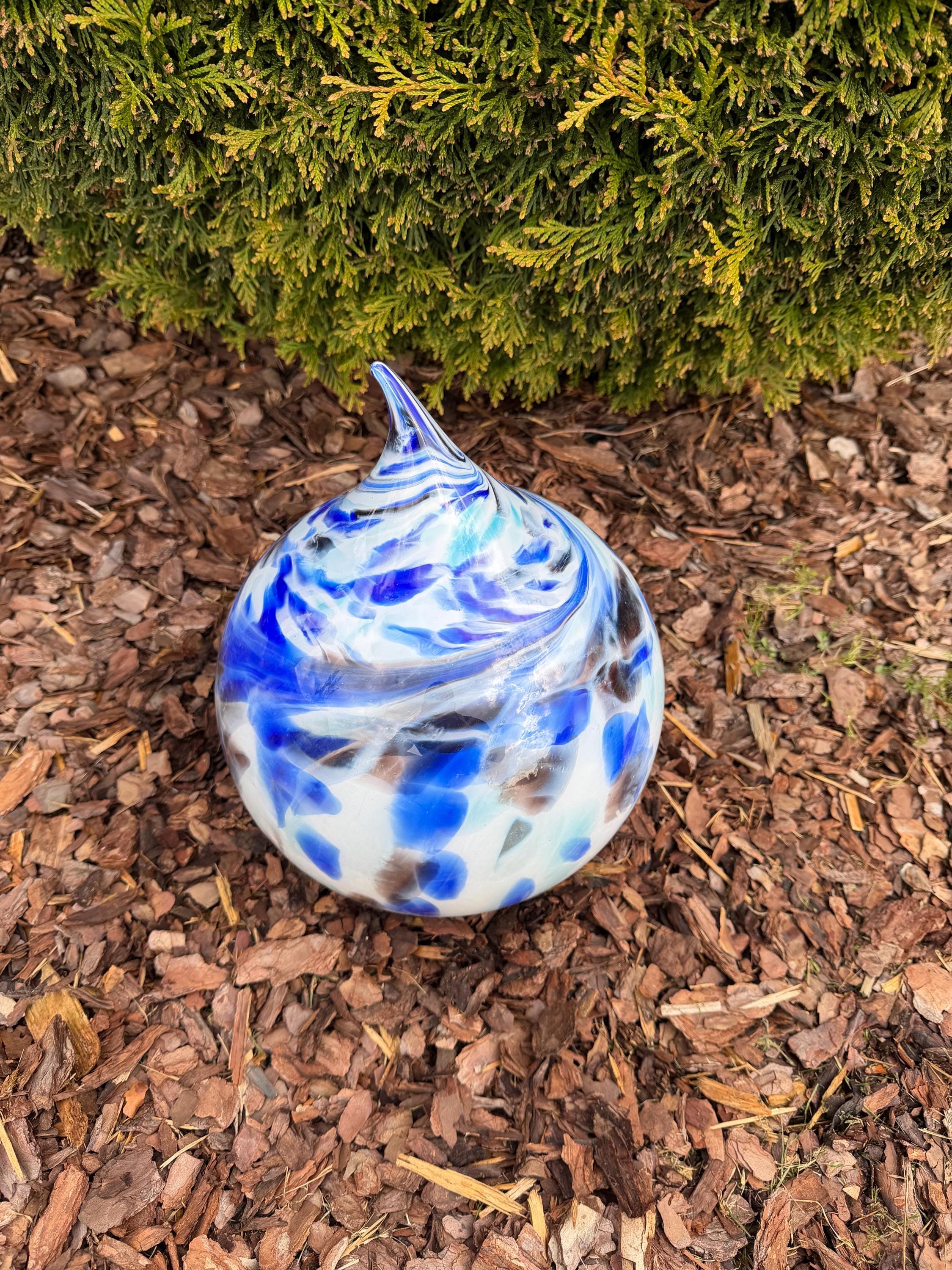 25cm Hand-Blown Glass Teardrop – Blue White Swirl Garden Stake / Decorative Sculpture