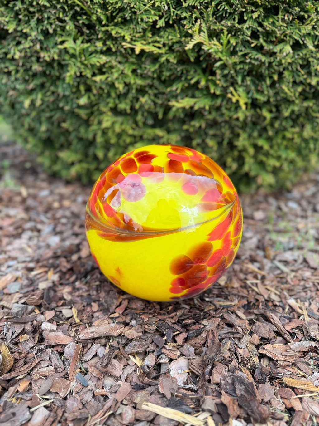 25cm Hand-Blown Glass Garden Sphere – Yellow Red Orange Mosaic Large Gazing Ball