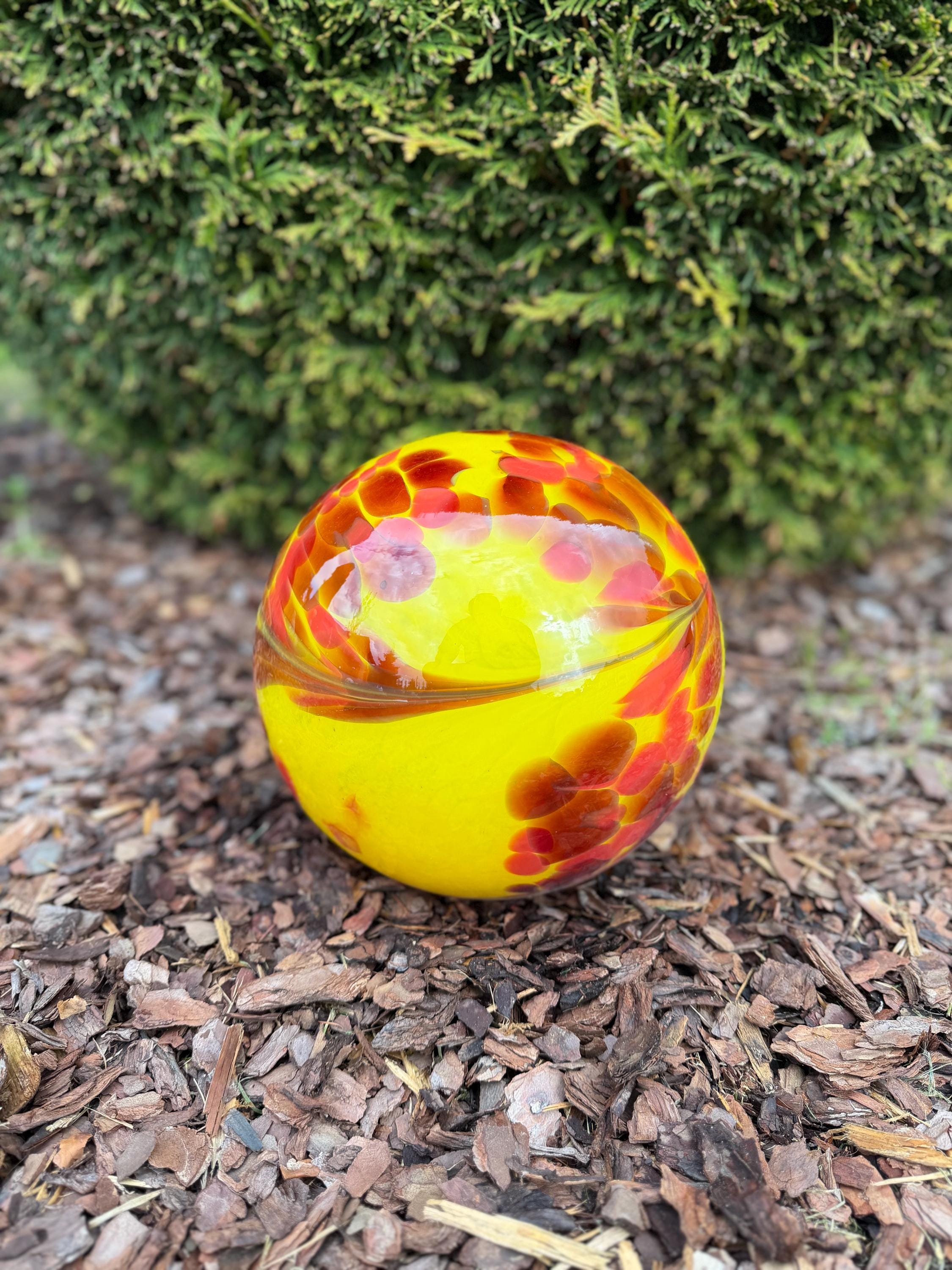 25cm Hand-Blown Glass Garden Sphere – Yellow Red Orange Mosaic Large Gazing Ball