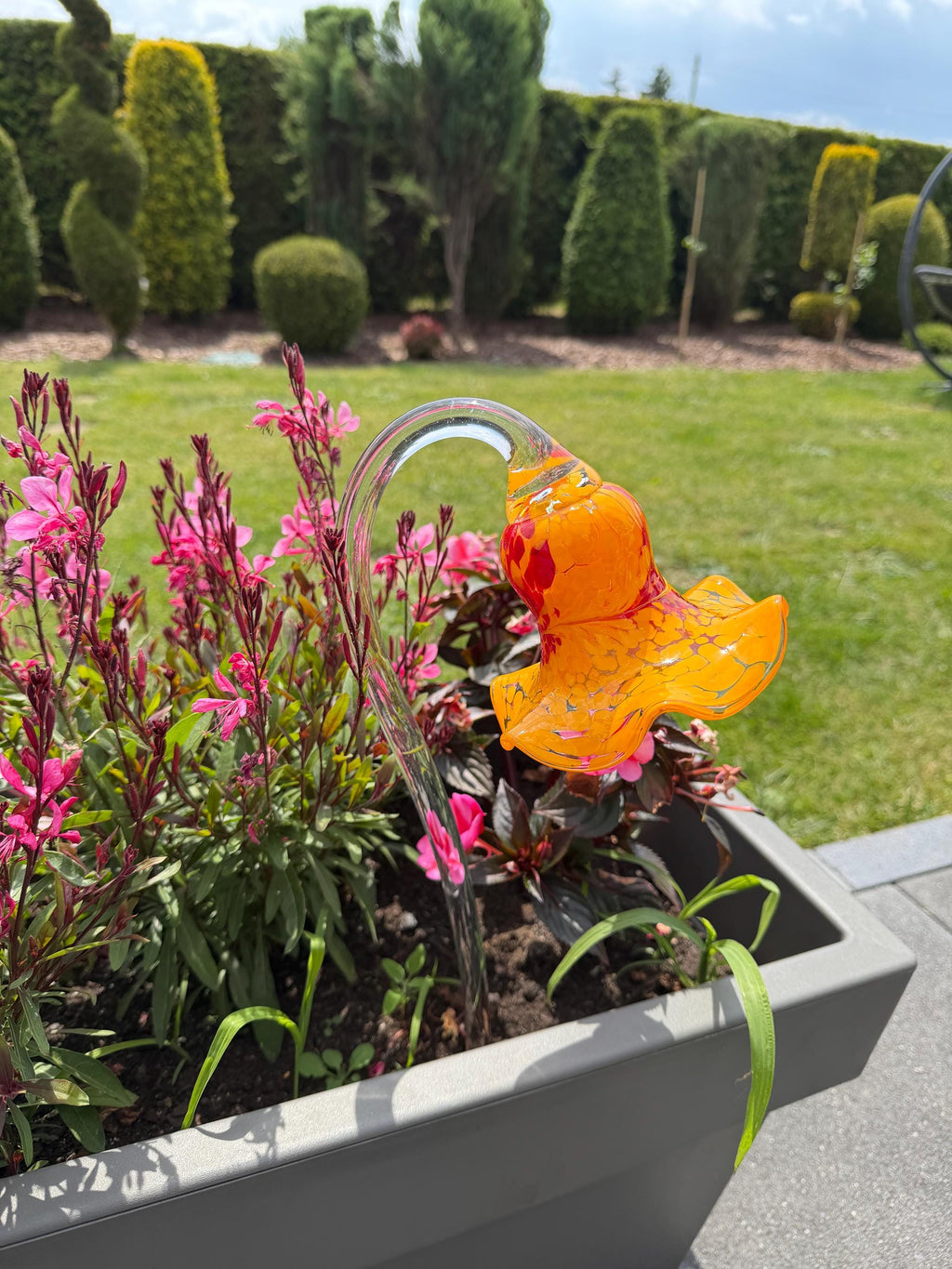 Set of 3 12cm Glass Flower Garden Stakes - Hand Blown Garden Art - 50cm Decor