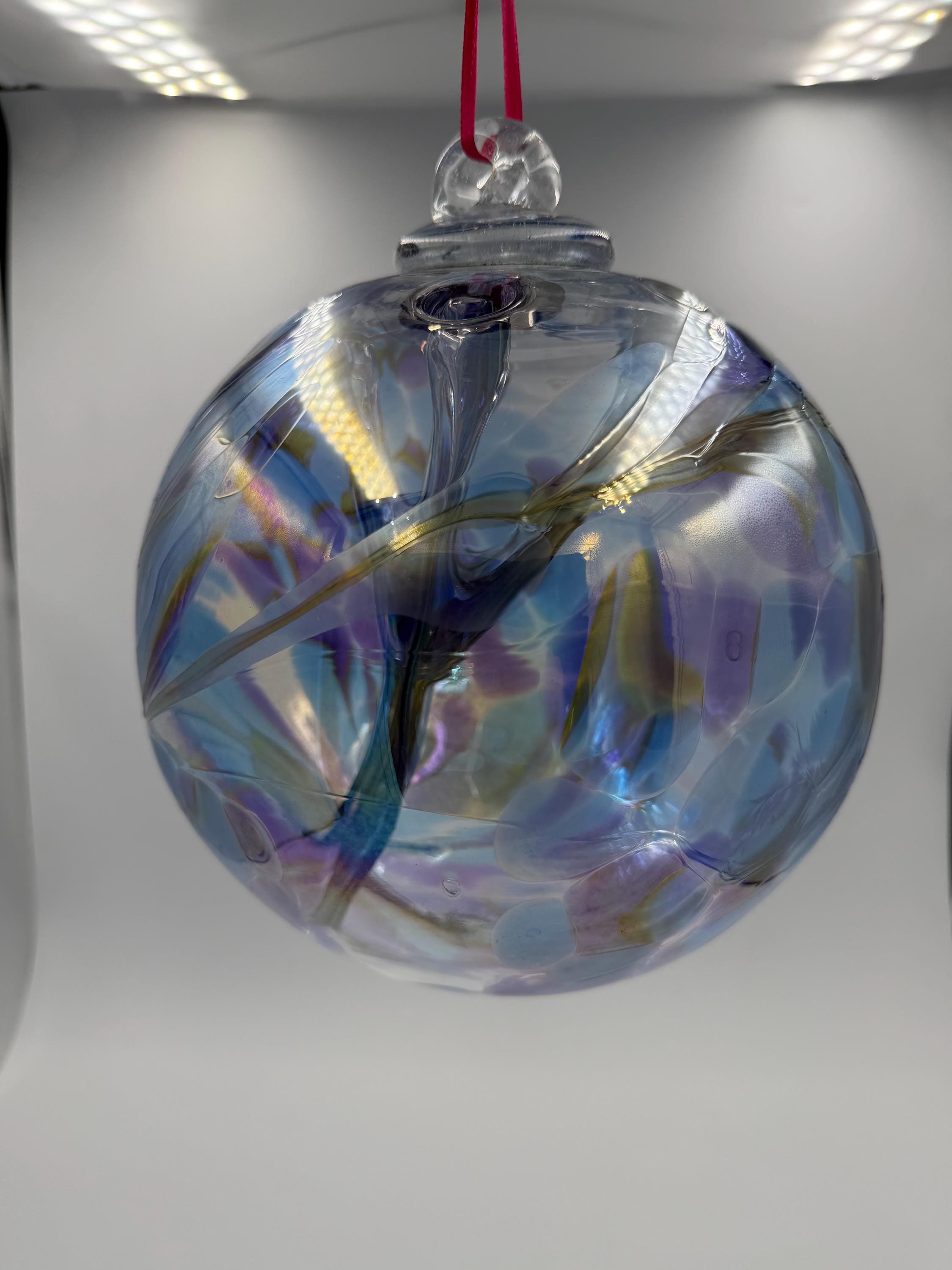 18cm Hand-Blown Witch Ball – Iridescent Blue Purple Gold Crackle Glass Ornament