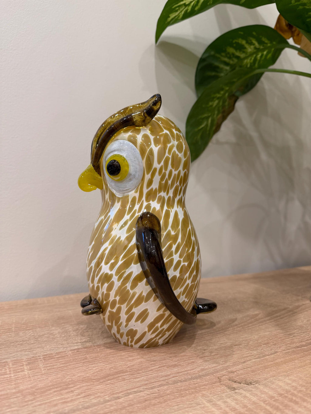 Handmade Art Glass Owl Sculpture – Spotted Yellow Brown Bird, 25cm Home Decor