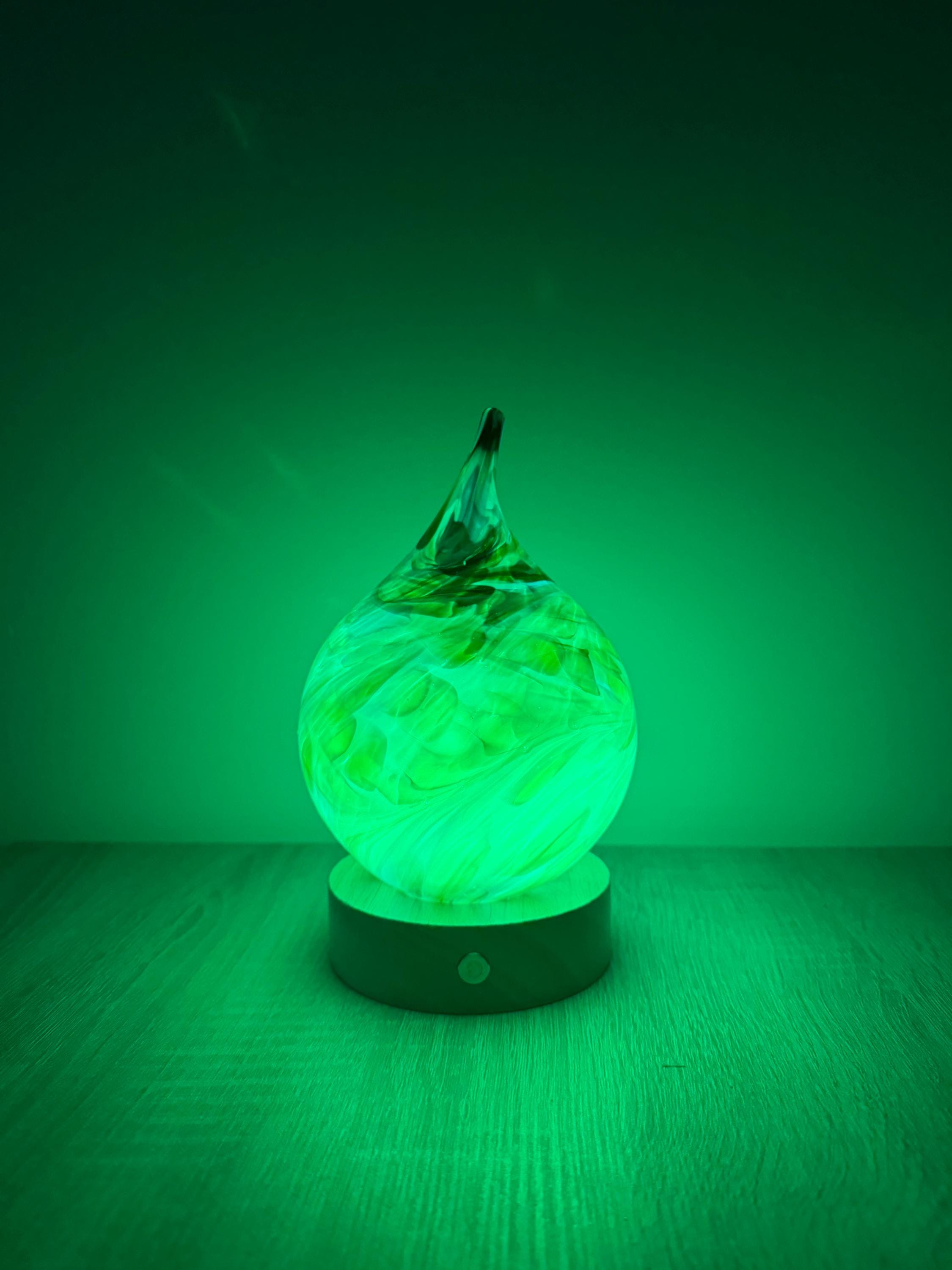 12cm Hand-Blown Rainbow Swirl Teardrop Glass Lamp – Color Changing LED Touch Light Wooden Base
