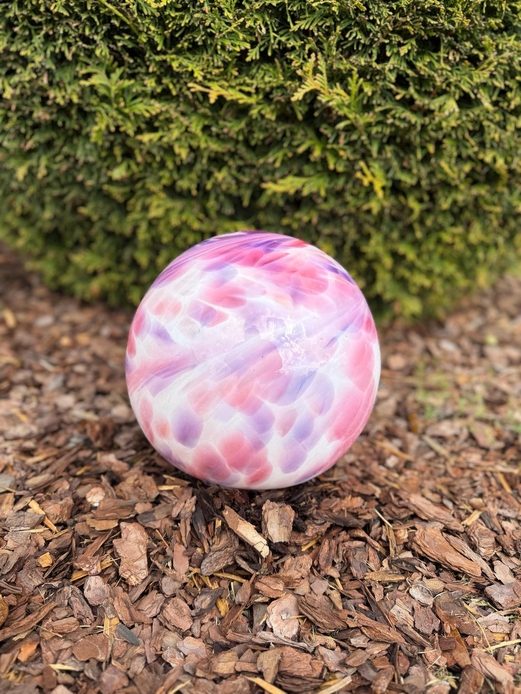 25cm Hand-Blown Glass Garden Sphere – Pink Purple White Swirl Large Gazing Ball