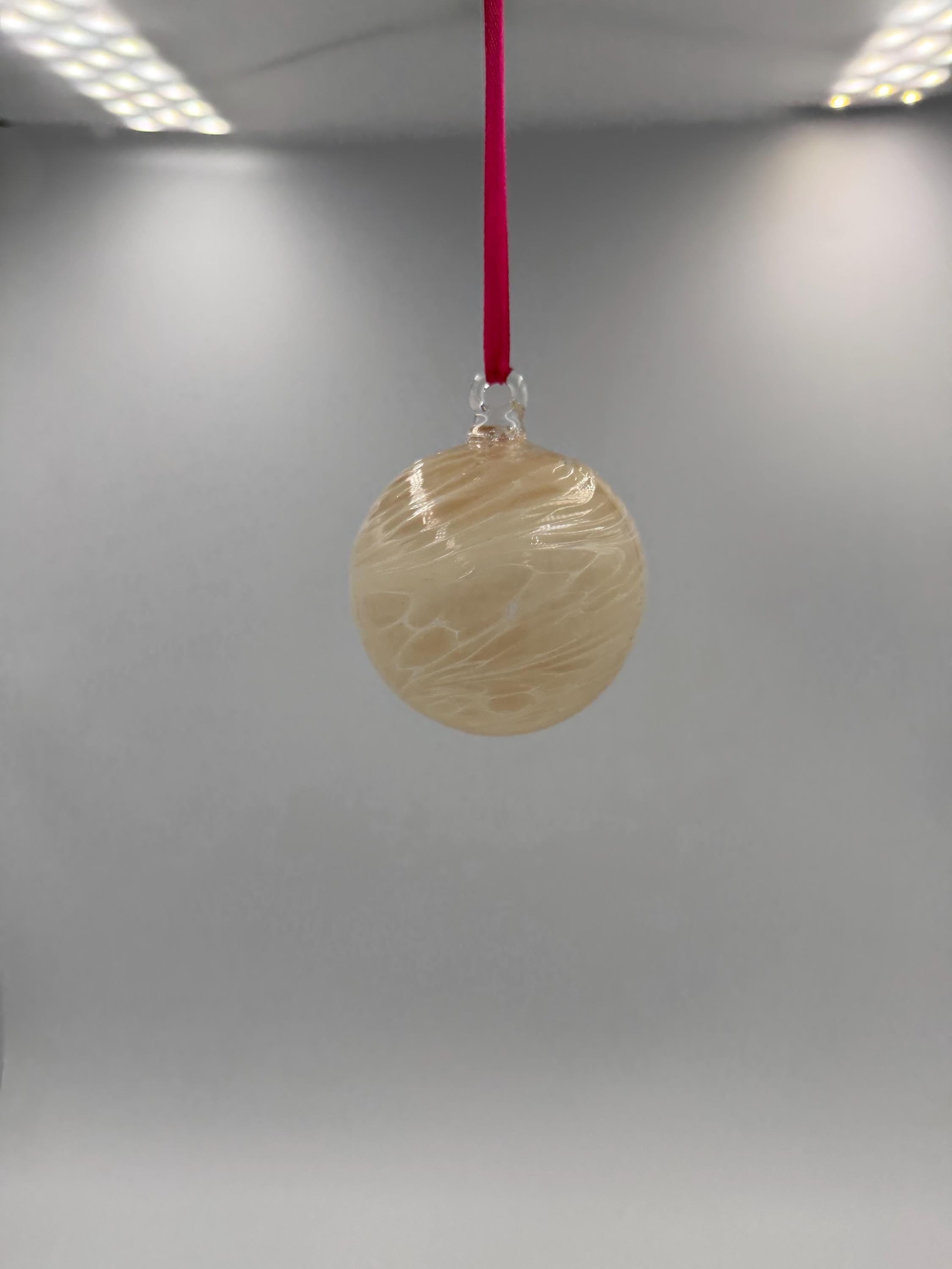 6cm Hand-Blown Crackle Glass Ornament – Creamy White Gold Swirl Hanging Ball