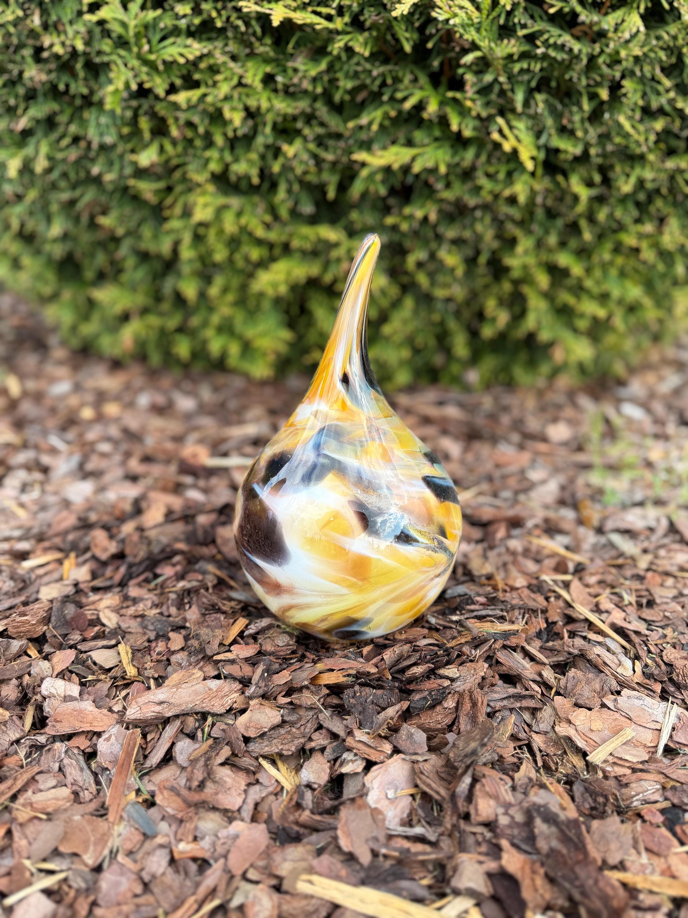 10cm Hand-Blown Glass Teardrop – Yellow Black Orange Swirl Mini Sculpture