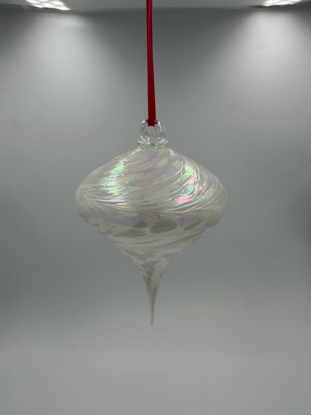 12cm Hand-Blown Iridescent Teardrop Glass Ornament – Pink Rainbow Swirl Hanging Decoration