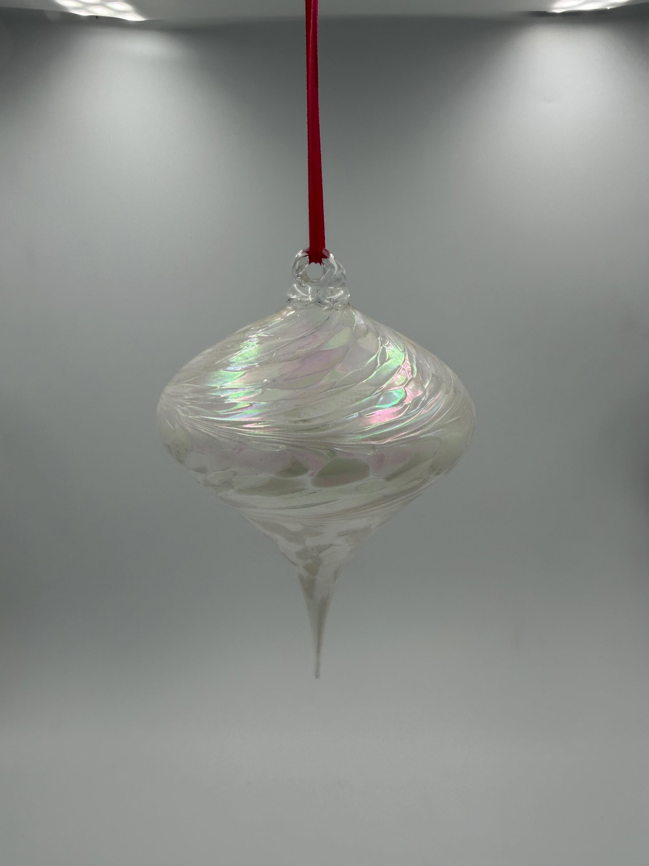 12cm Hand-Blown Iridescent Teardrop Glass Ornament – Pink Rainbow Swirl Hanging Decoration