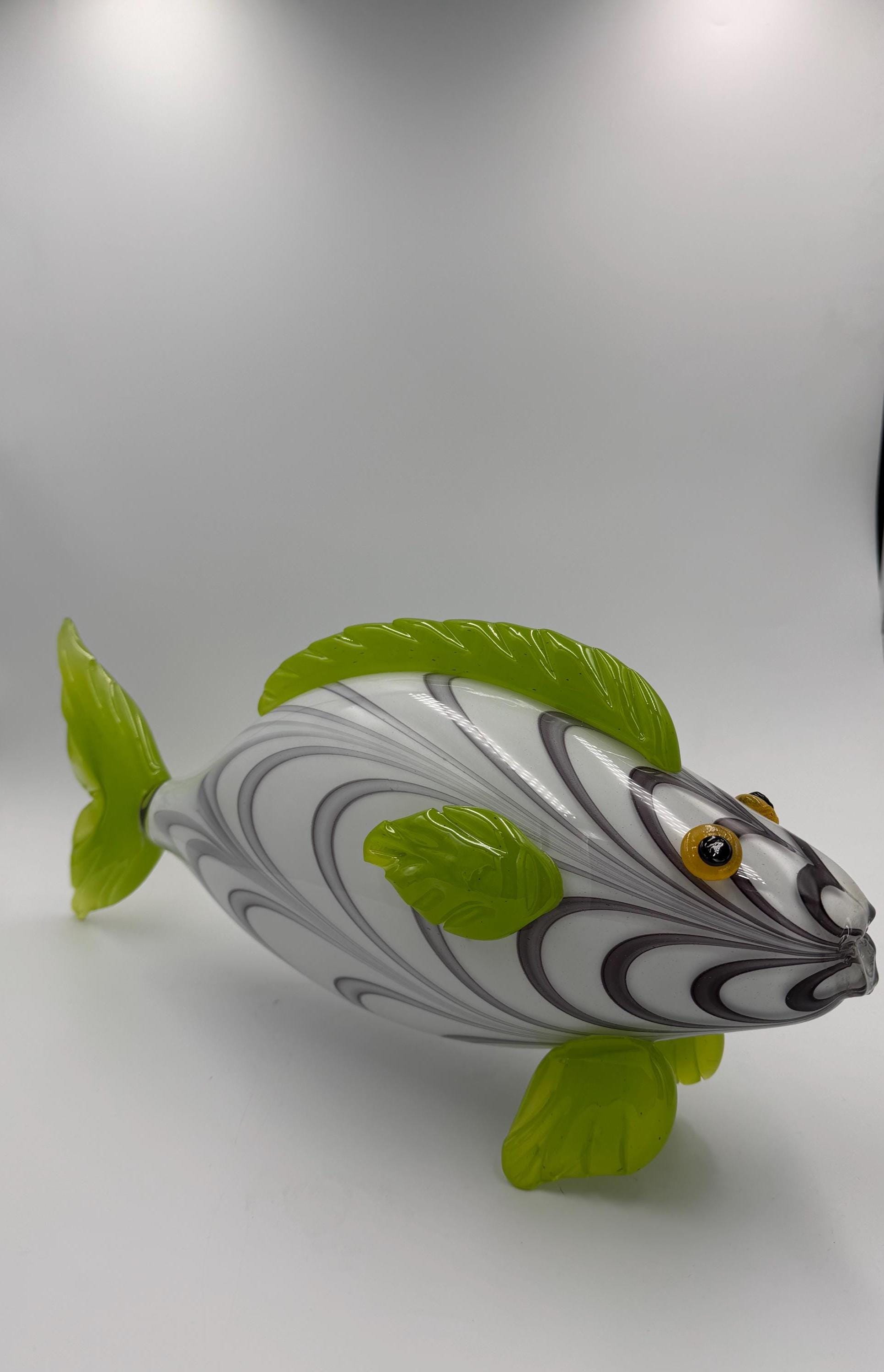 43cm Hand-Blown Glass Fish Sculpture – White Gray Swirl with Green Fins