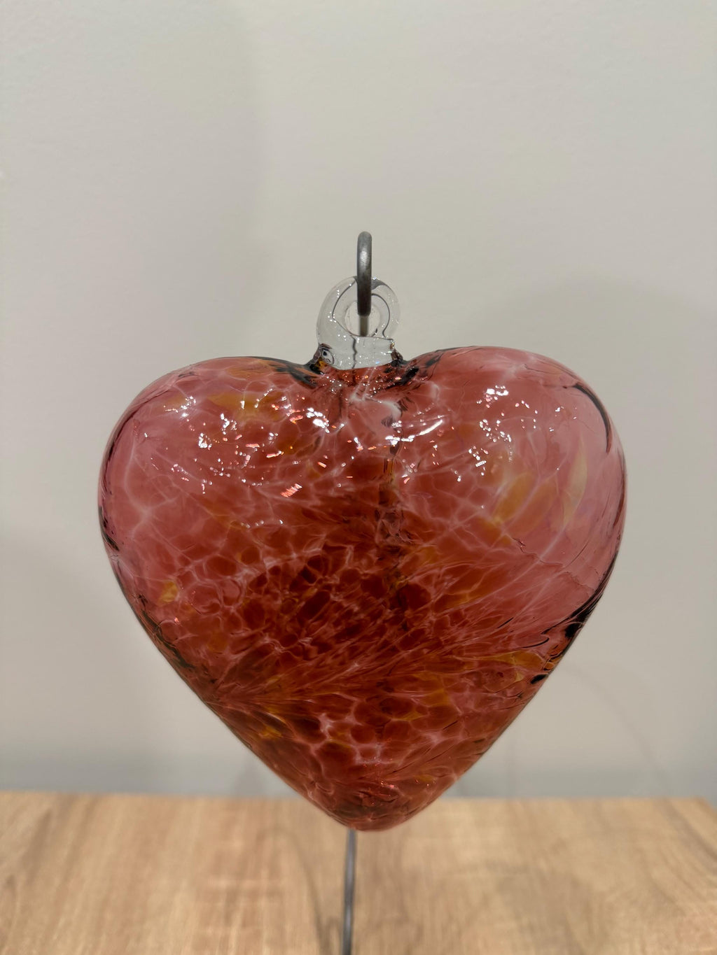 Handblown Glass Heart Ornament - Cranberry Red & Gold Swirl - Unique Art Glass Gift