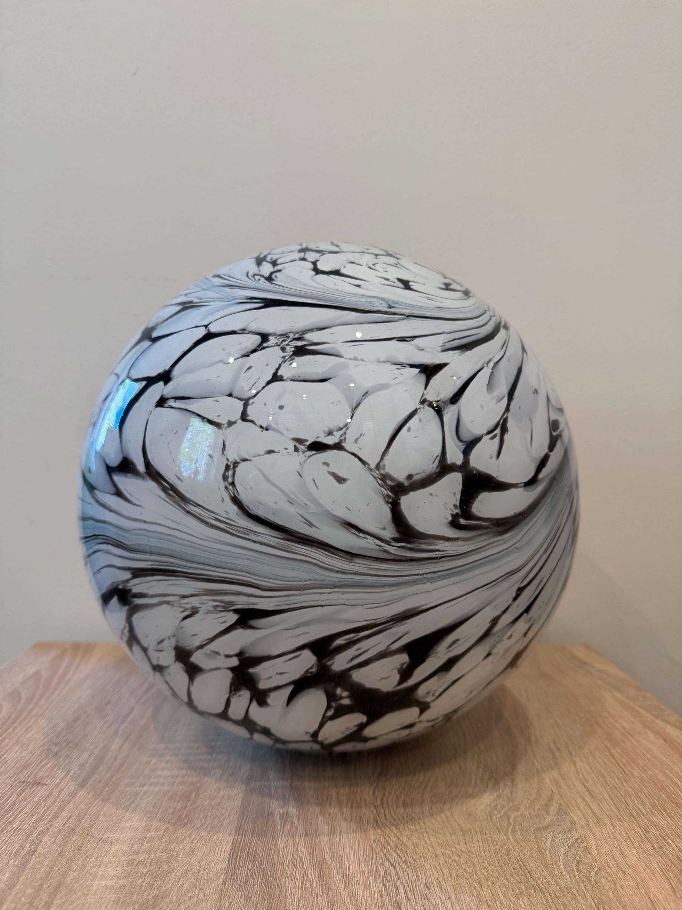Hand-Blown Glass Sphere – 30cm Black White Swirl Marble Orb Garden Decor