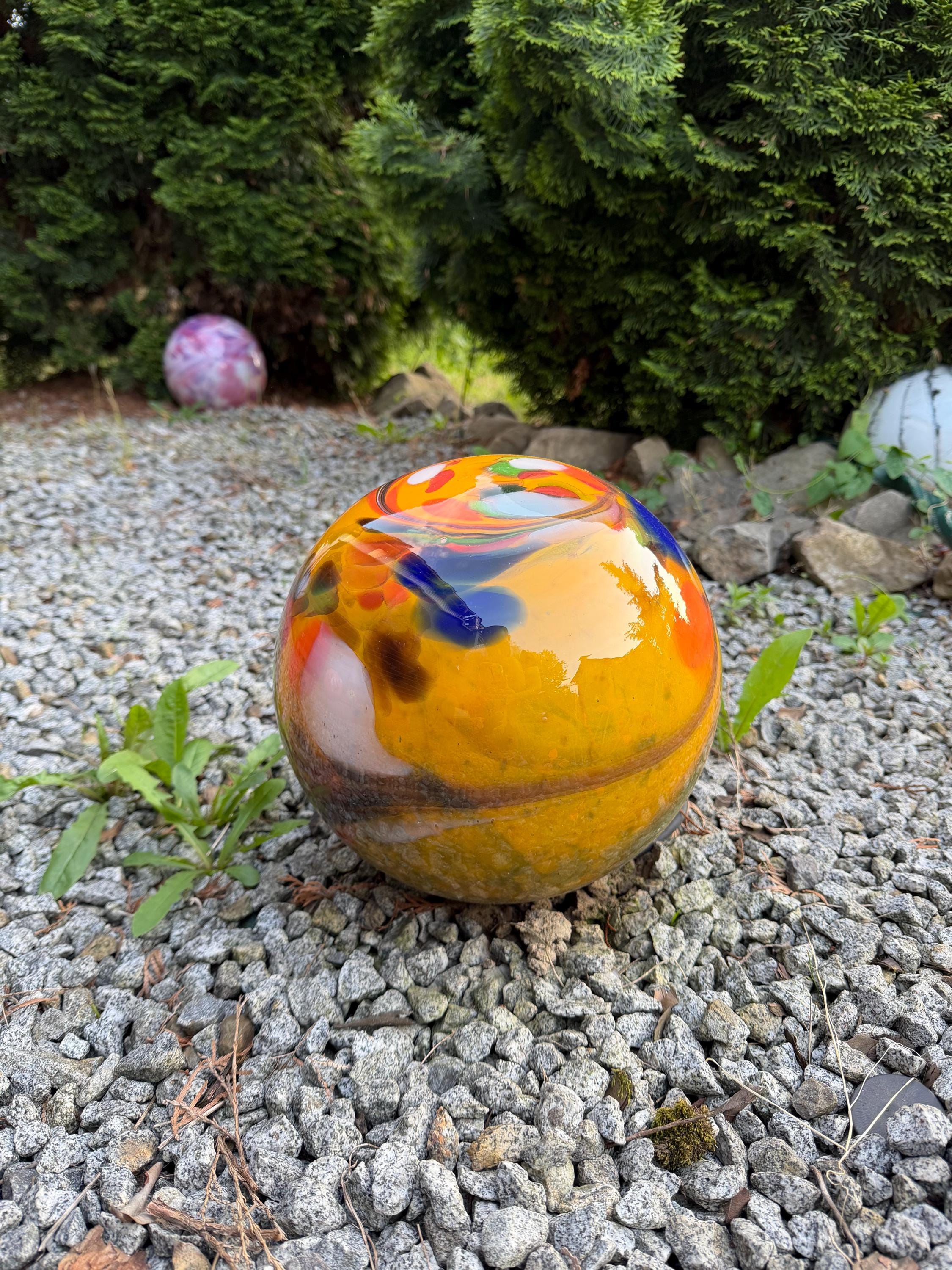 30cm Hand-Blown Yellow Multi-Colored Glass Garden Ball – Decorative Art Glass