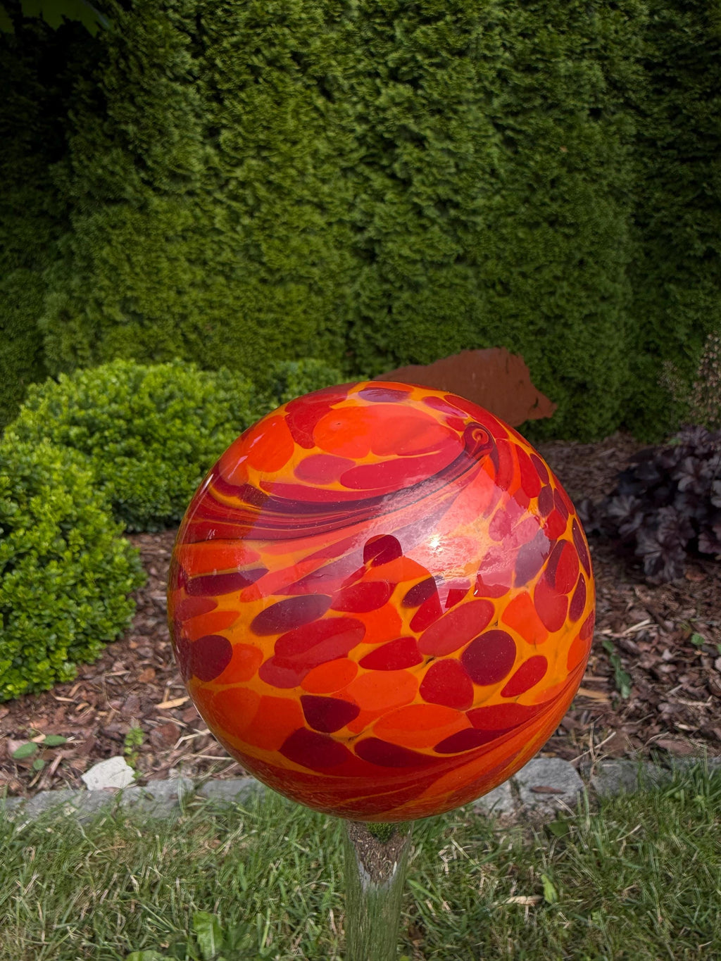 15cm Orange Glass Garden Stake - Hand Blown Garden Globe - 80cm Outdoor Decor