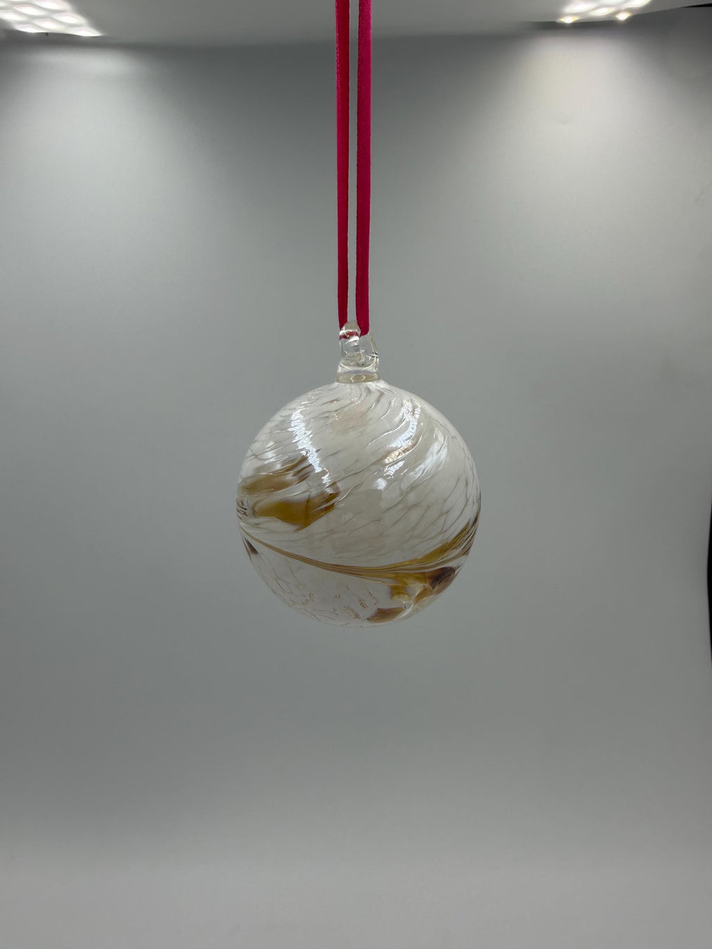 6cm Hand-Blown Crackle Glass Ornament – White Gold Swirl Hanging Ball