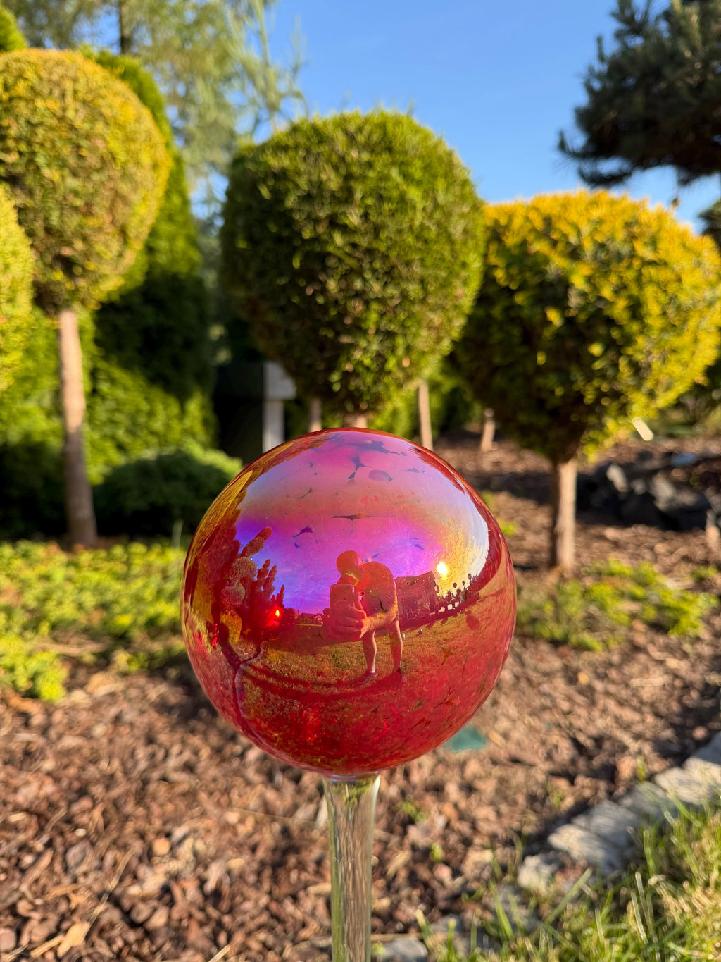 15cm Iridescent Red Glass Garden Stake - Hand Blown Garden Globe - 80cm Outdoor Decor