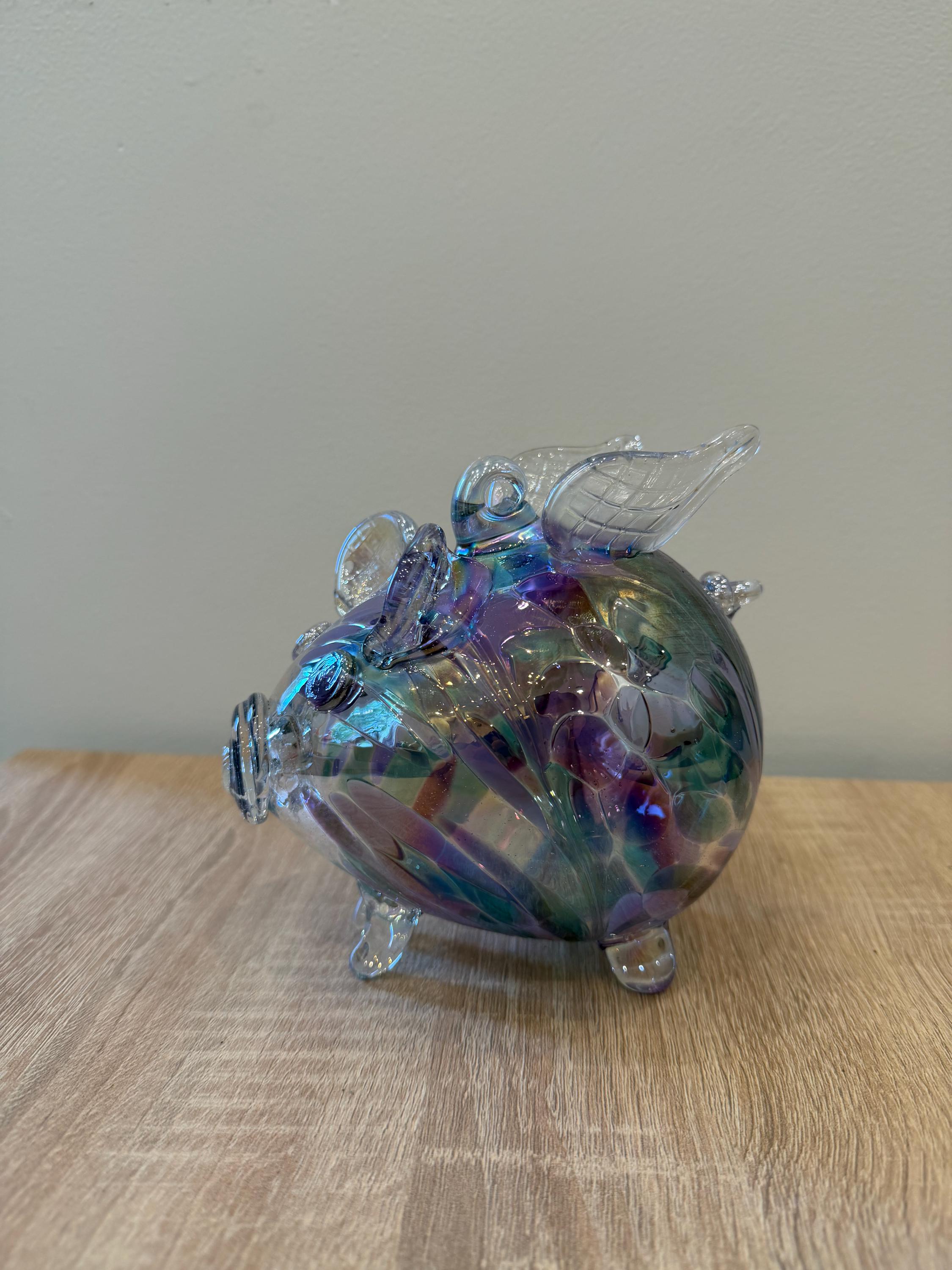 Hand-Blown Glass Flying Pig Ornament 9cm – Iridescent Multicolor Crackle – Hanging Art Glass Figurine