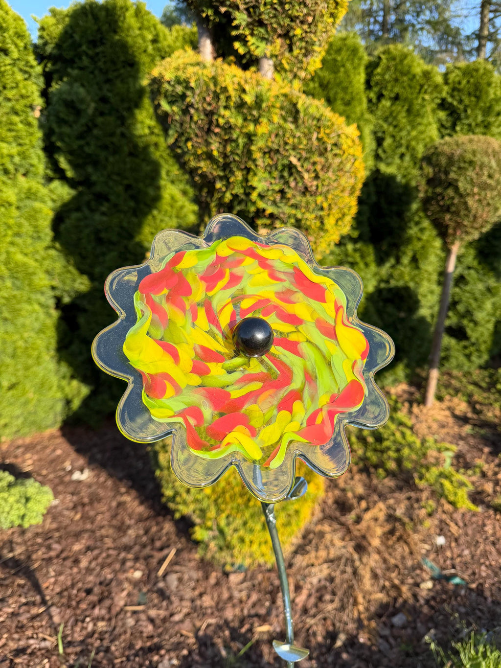130cm Hand-Blown Multicolor Glass Flower Sculpture on Metal Stake – 22cm Large Garden Art