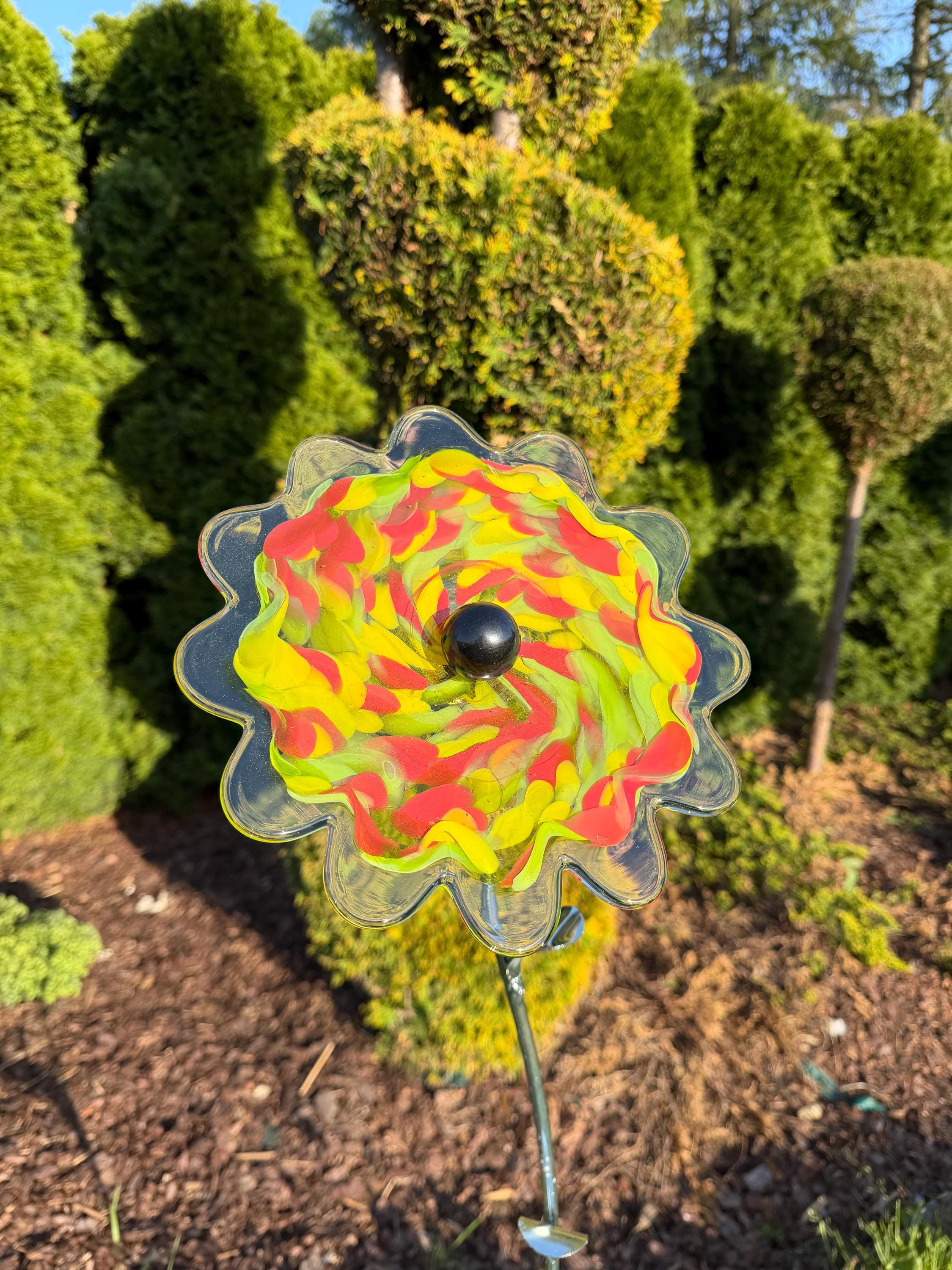 130cm Hand-Blown Multicolor Glass Flower Sculpture on Metal Stake – 22cm Large Garden Art