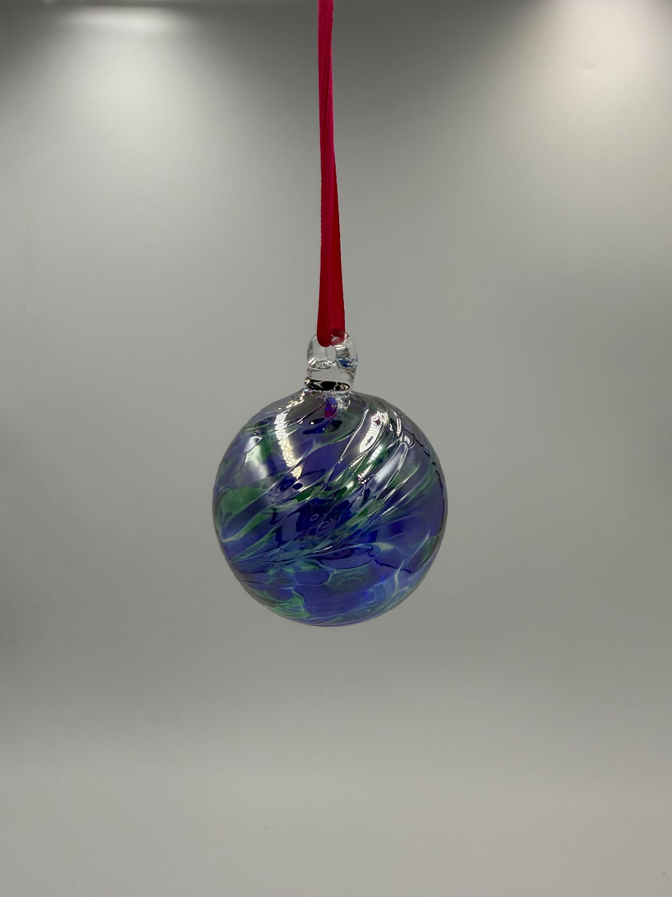 6cm Hand-Blown Crackle Glass Ornament – Blue Green Purple Swirl Hanging Ball