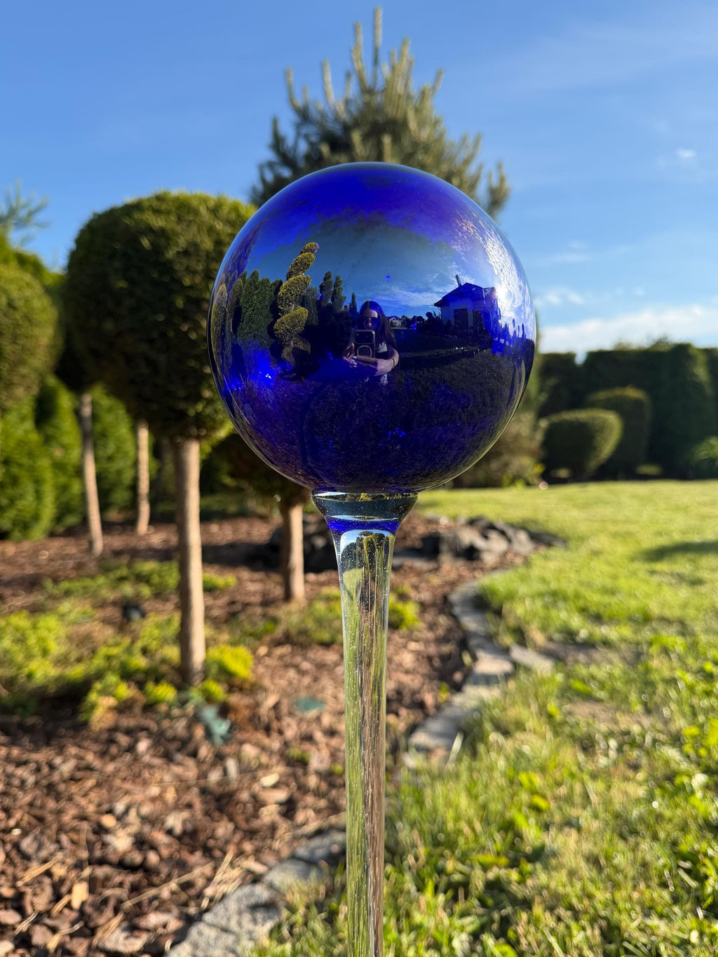 15cm Iridescent Blue Glass Garden Stake - Hand Blown Garden Globe - 80cm Yard Art