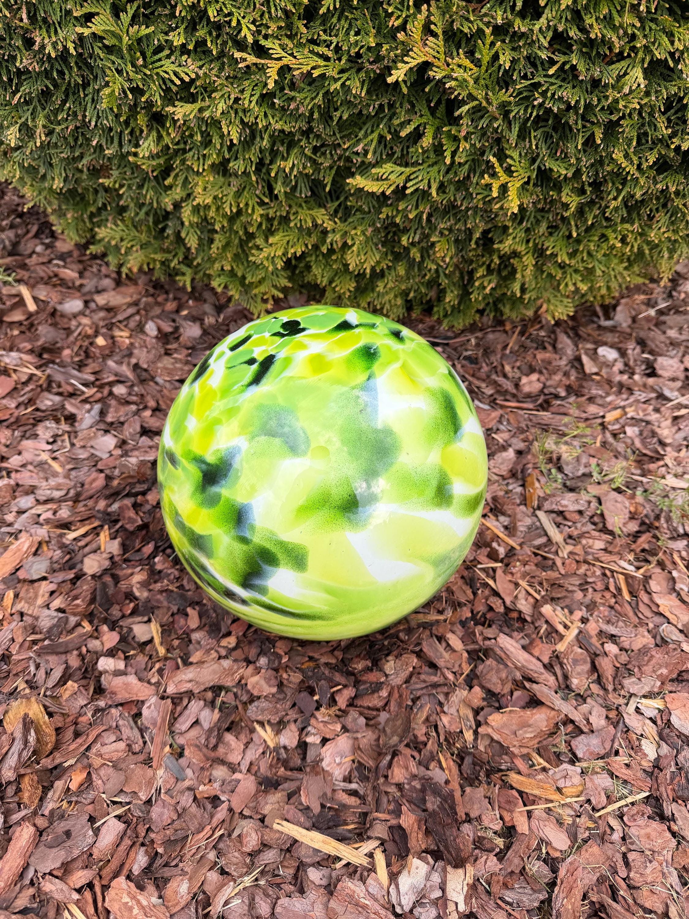 25cm Hand-Blown Glass Garden Sphere – Lime Green Dark Green Swirl Large Gazing Ball