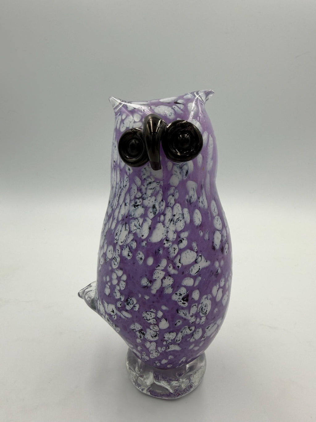 Hand-Blown Glass Owl Figurine – Purple White Speckled Art Sculpture