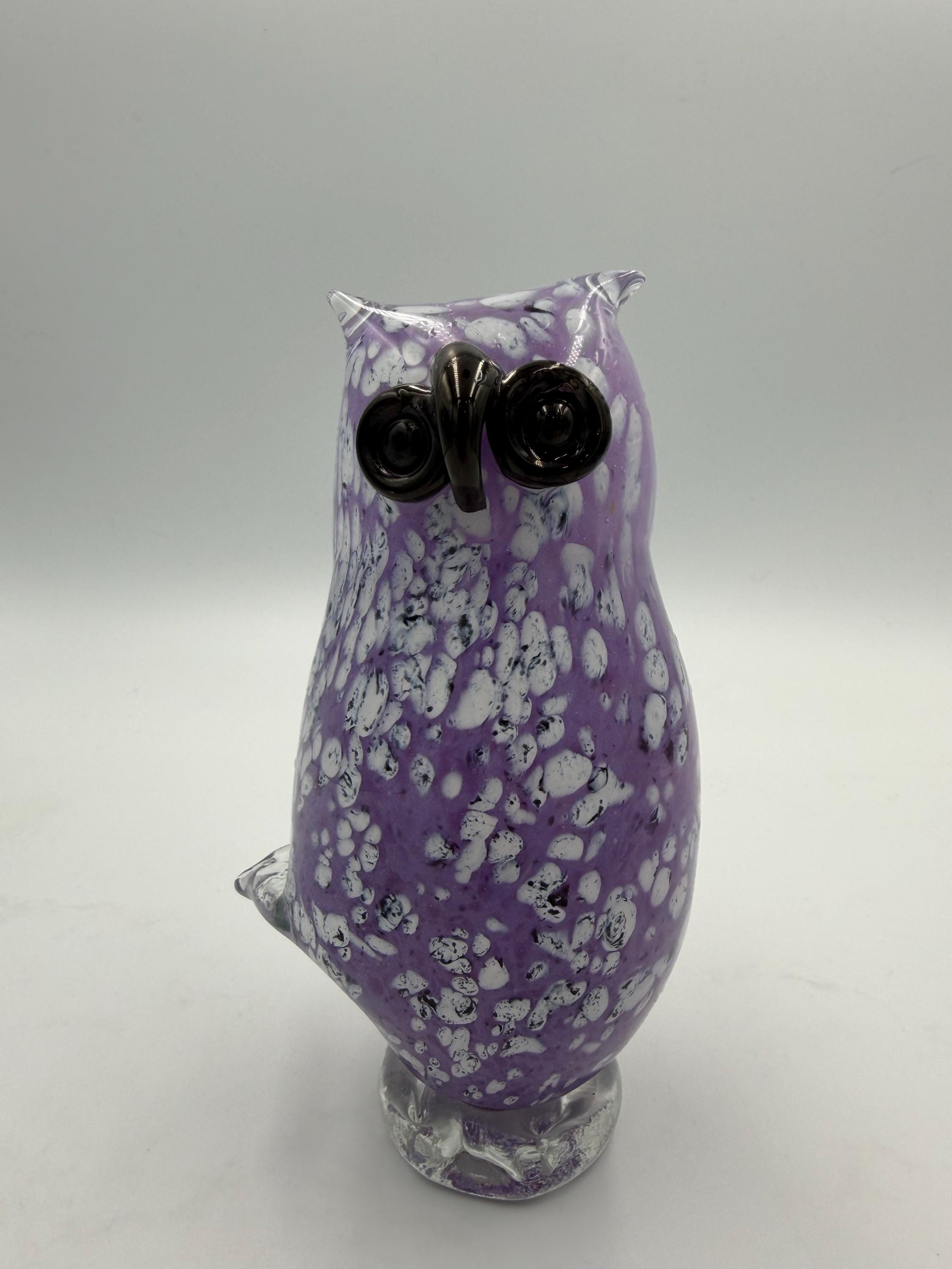Hand-Blown Glass Owl Figurine – Purple White Speckled Art Sculpture