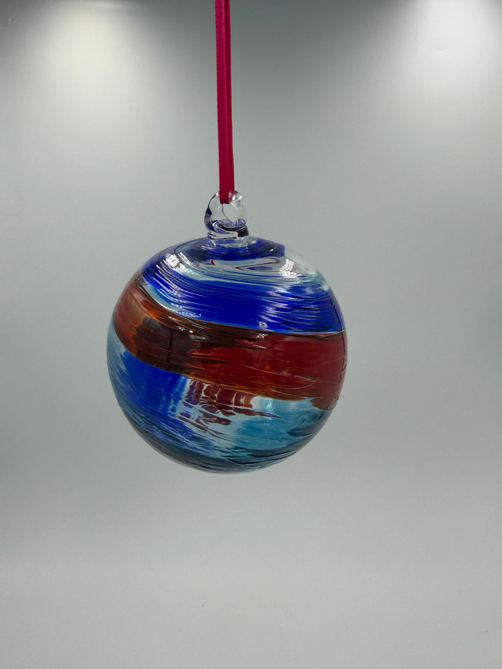 10cm Hand-Blown Blue Red Swirl Glass Ornament – Large Layered Stripe Hanging Ball